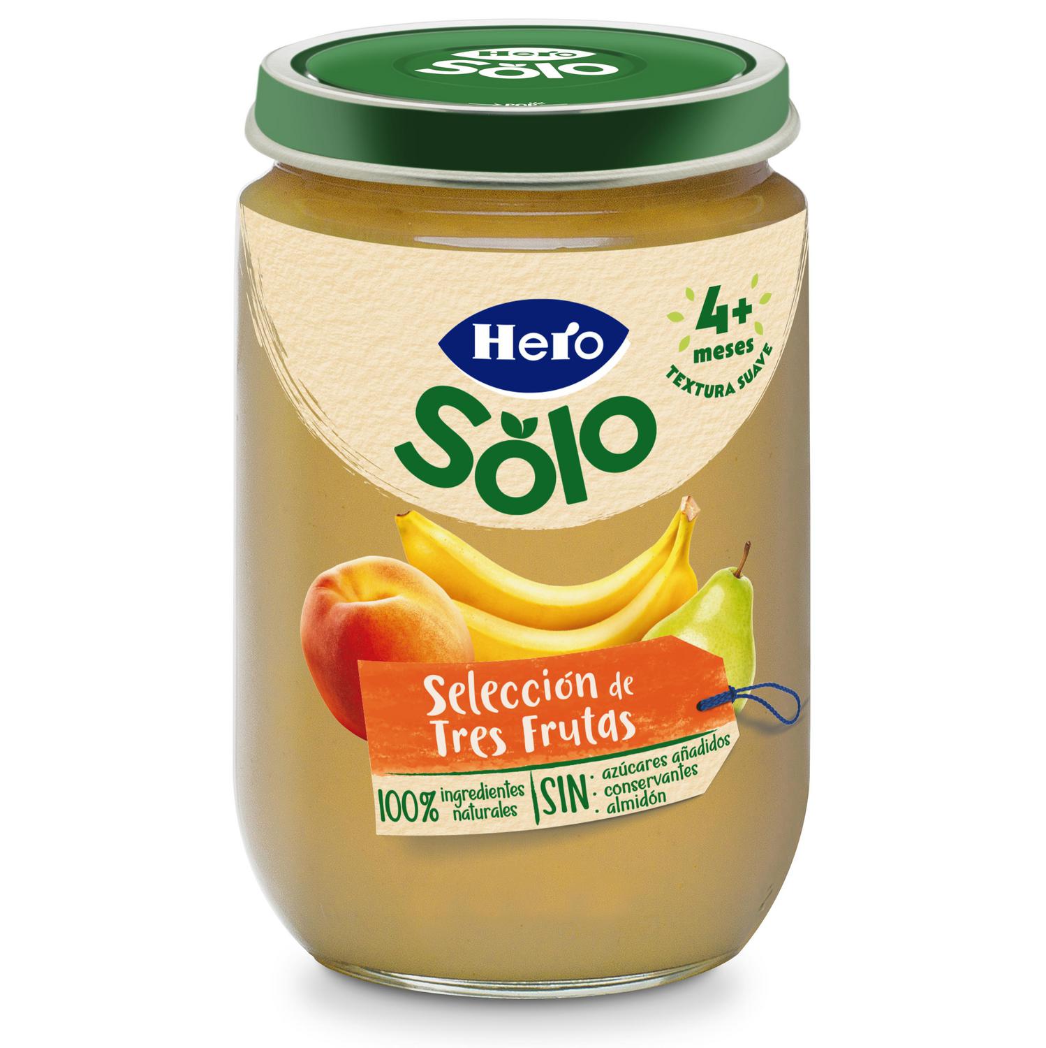 Tarrito de 3 frutas desde 4 meses Hero Baby sin gluten 190 g. — otra vista del envase