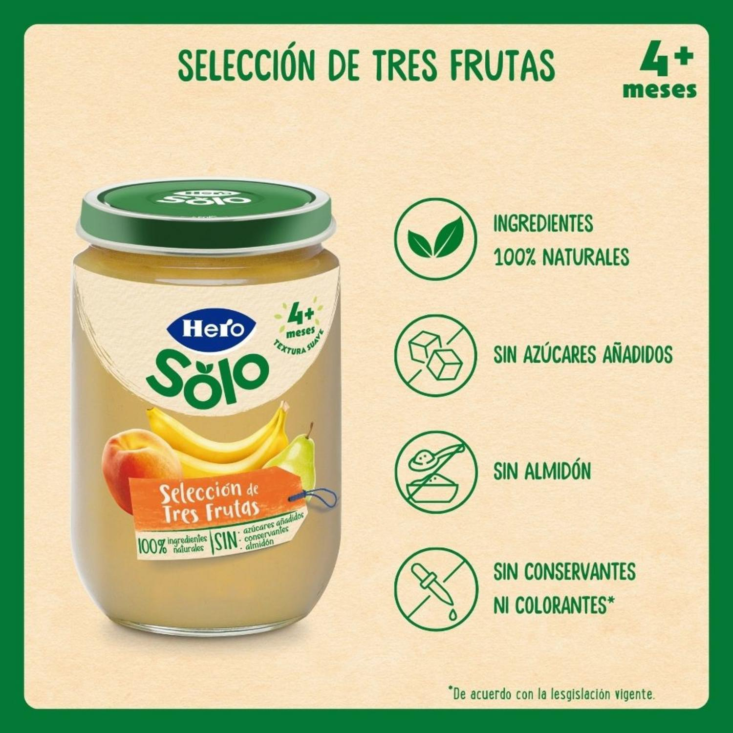 Tarrito de 3 frutas desde 4 meses Hero Baby sin gluten 190 g. — otra vista del envase