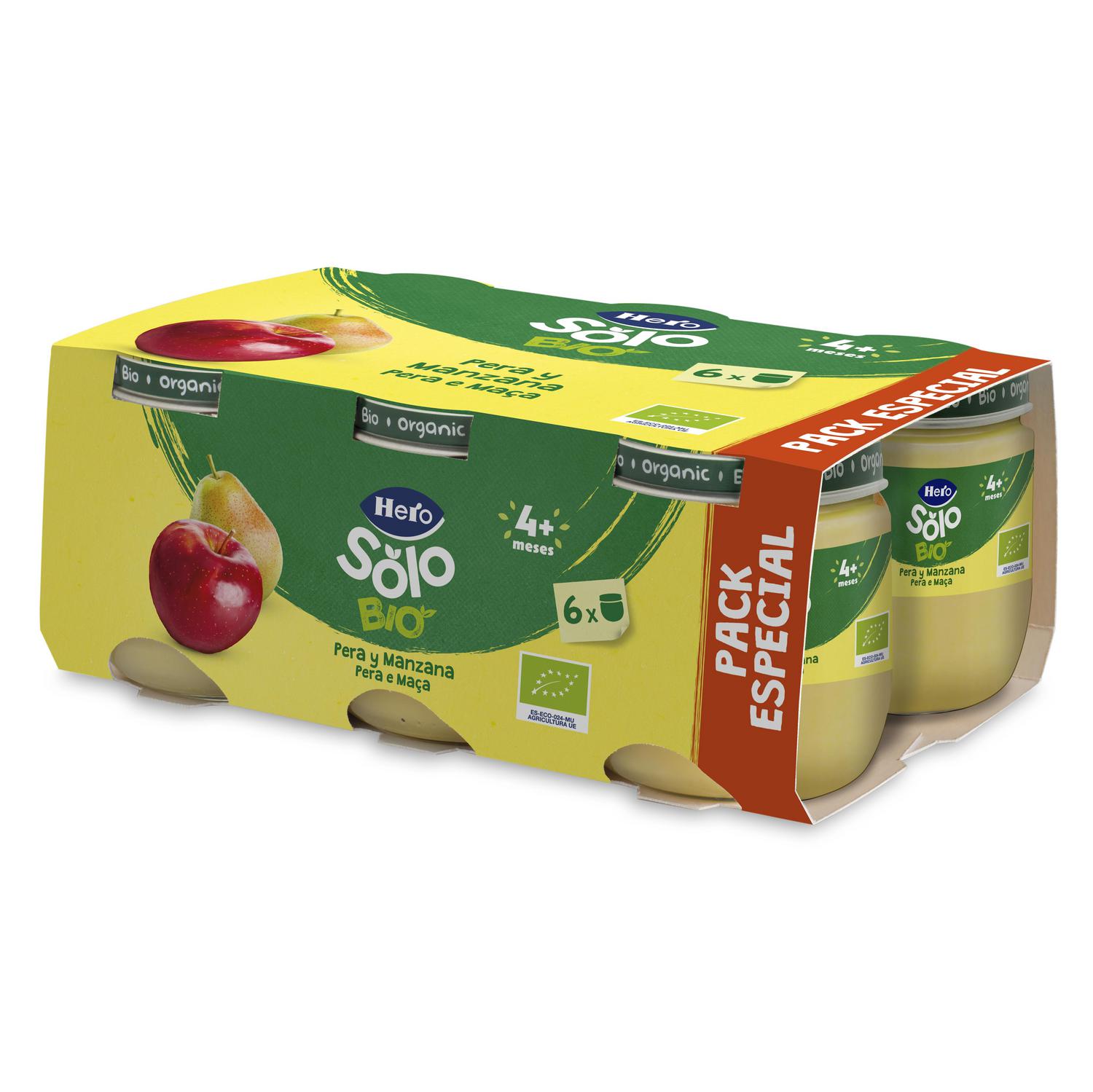 Tarrito de pera y manzana desde 4 meses ecológico Hero Solo sin gluten pack de 6 unidades de 120 g. — otra vista del envase
