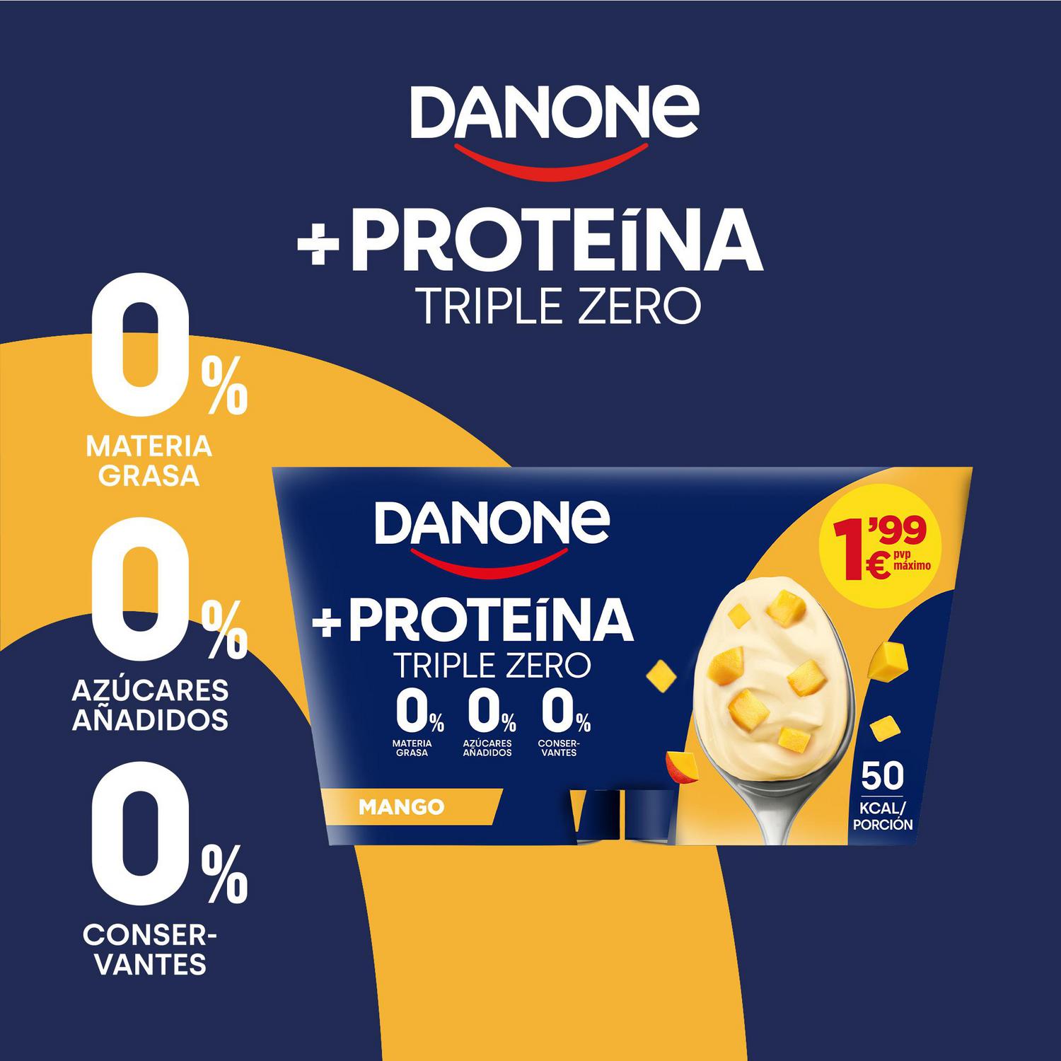 Yogur desnatado con mango Danone +Proteína sin gluten y sin azúcar añadida pack de 4 unidades de 105 g. — otra vista del envase