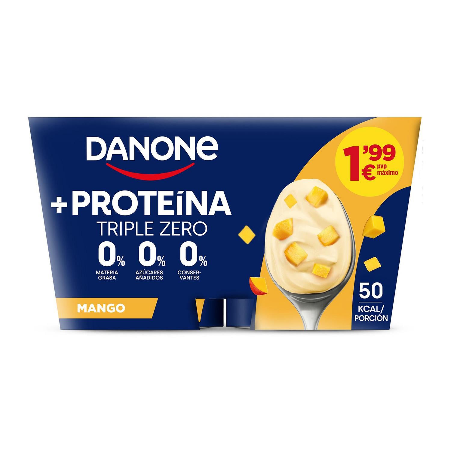 Yogur desnatado con mango Danone +Proteína sin gluten y sin azúcar añadida pack de 4 unidades de 105 g. — otra vista del envase