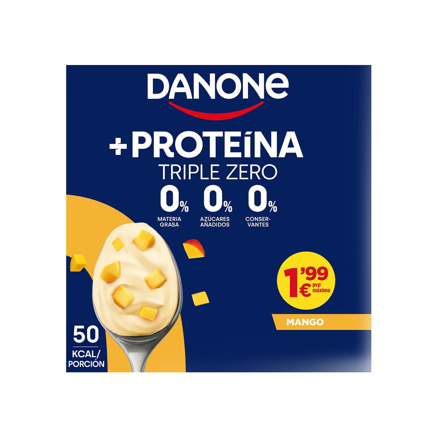 Yogur desnatado con mango Danone +Proteína sin gluten y sin azúcar añadida pack de 4 unidades de 105 g. — otra vista del envase