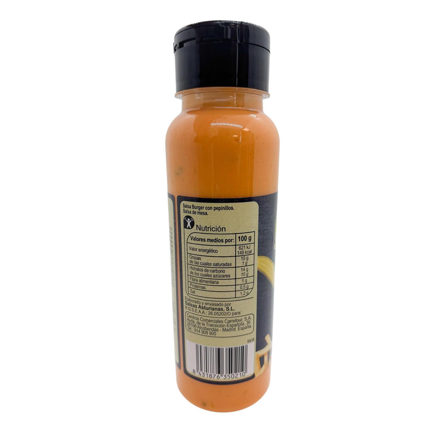 Salsa burguer con pepinillos Sensation Carrefour sin gluten bote 315 g. — otra vista del envase