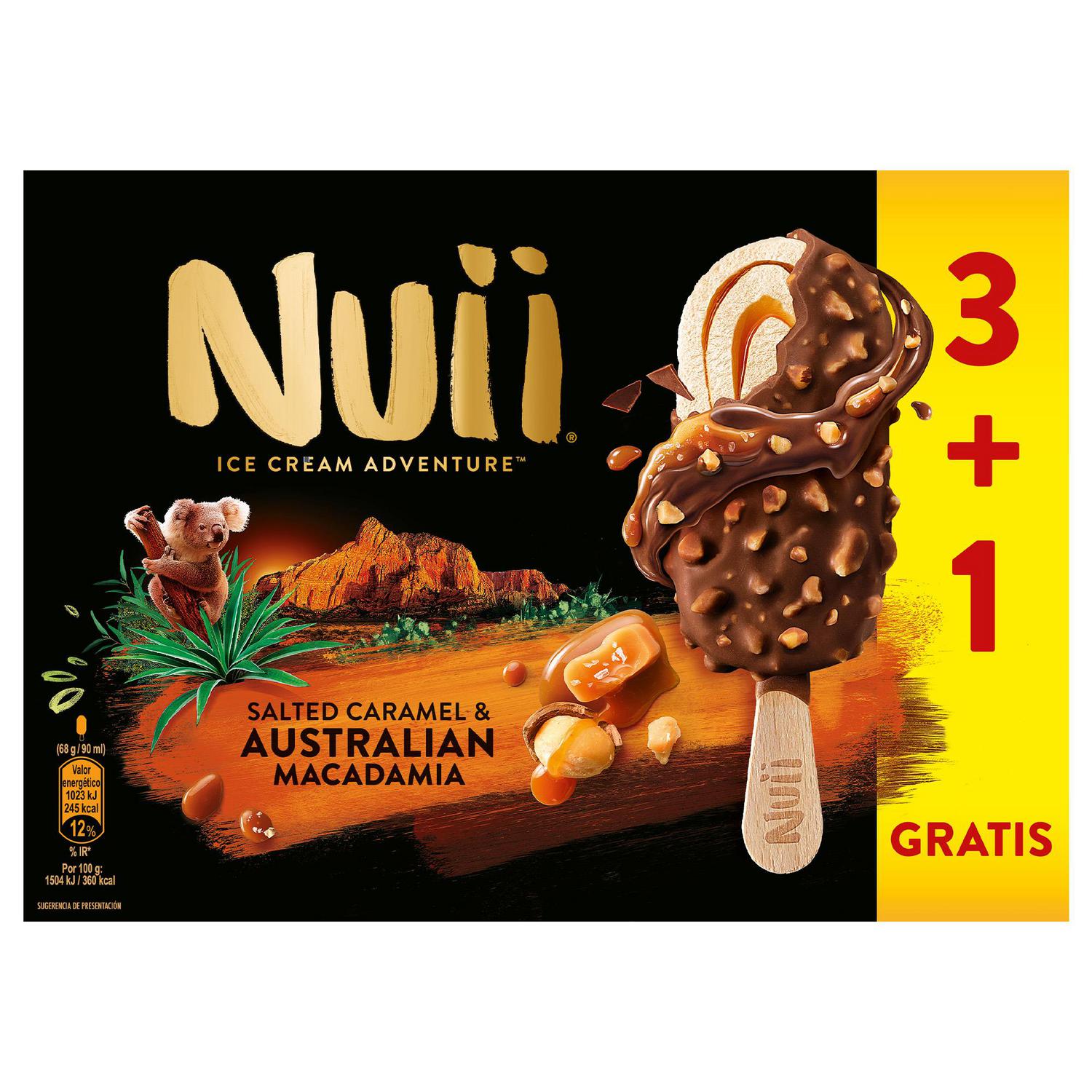 Helado Bombón de caramelo y nueces de Macadamia Australianas Nuii sin gluten 4 ud. — otra vista del envase