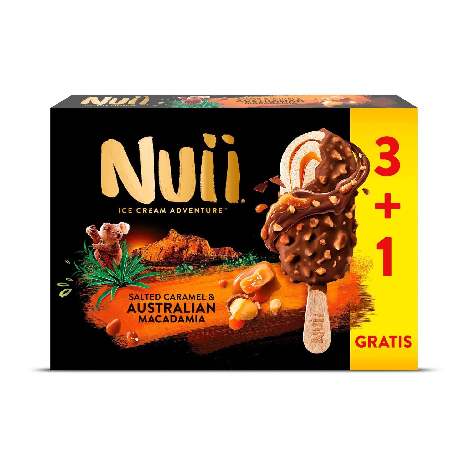 Helado Bombón de caramelo y nueces de Macadamia Australianas Nuii sin gluten 4 ud. — otra vista del envase