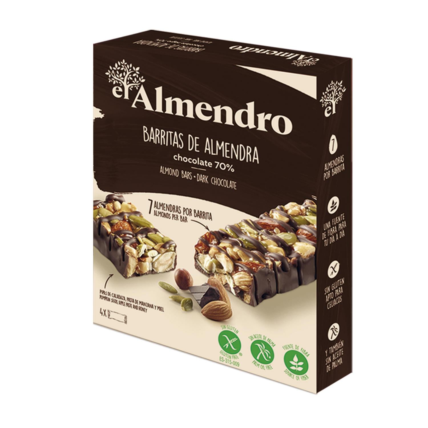 Barritas de almendra y chocolate negro 70% El Almendro sin gluten 100 g. — otra vista del envase