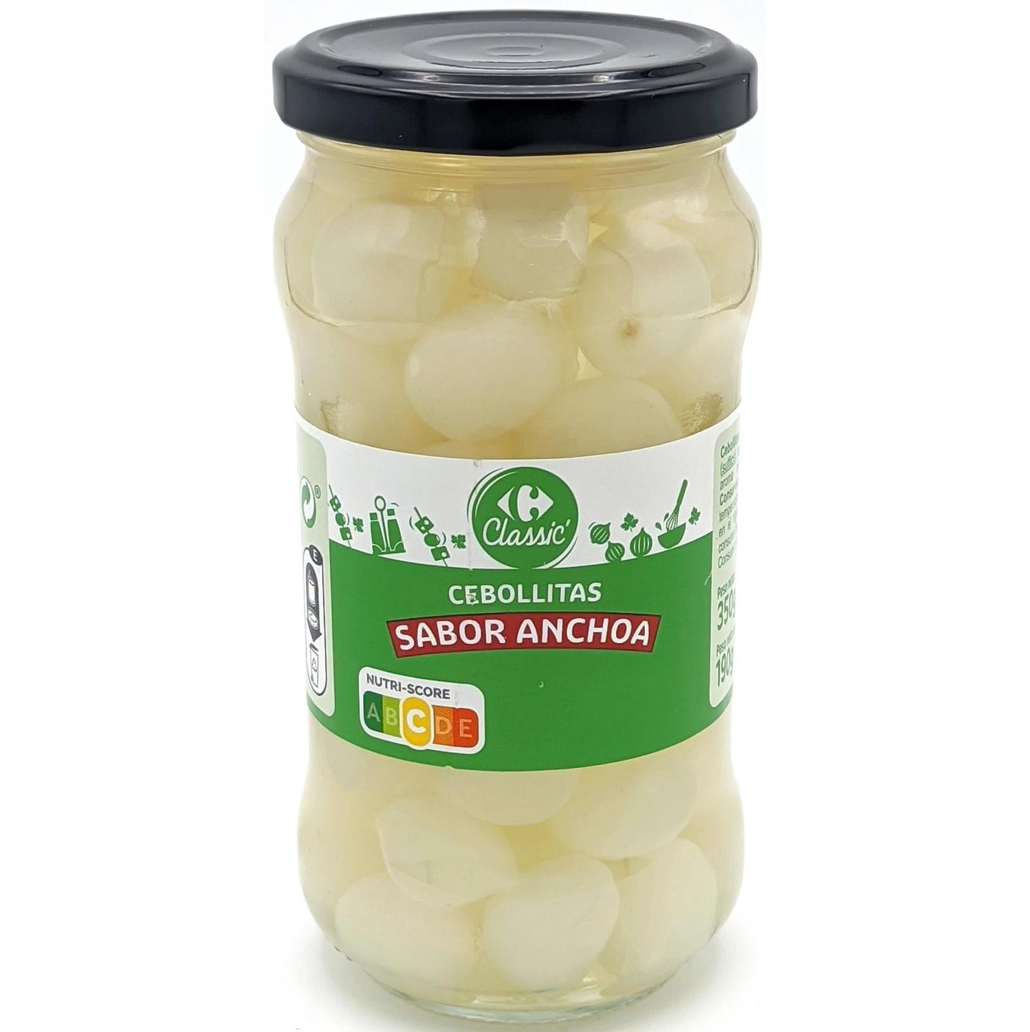 Cebollitas sabor anchoa Classic Carrefour sin gluten 190 g. — otra vista del envase