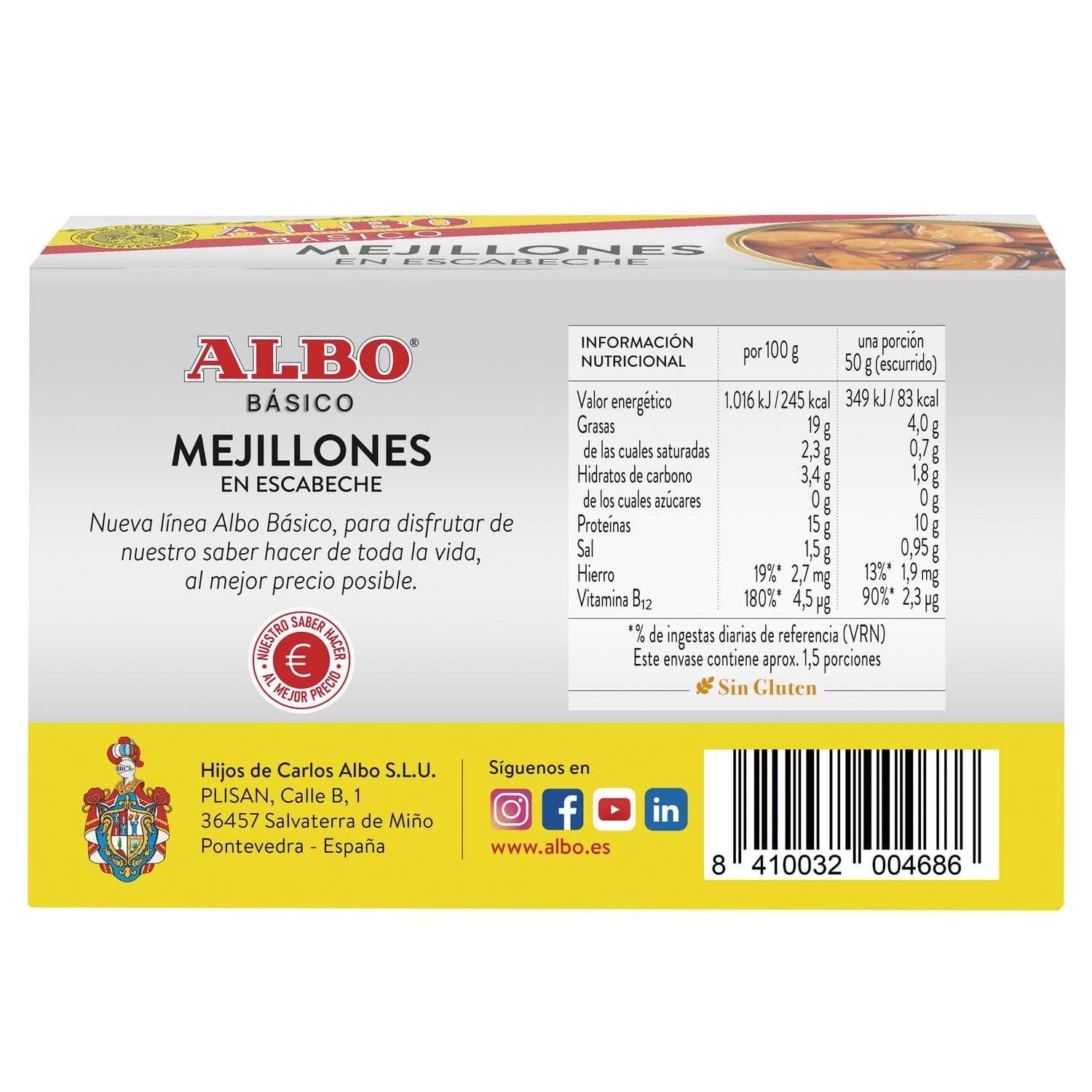 Mejillones en escabeche Albo sin gluten y sin lactosa 72 g. — otra vista del envase