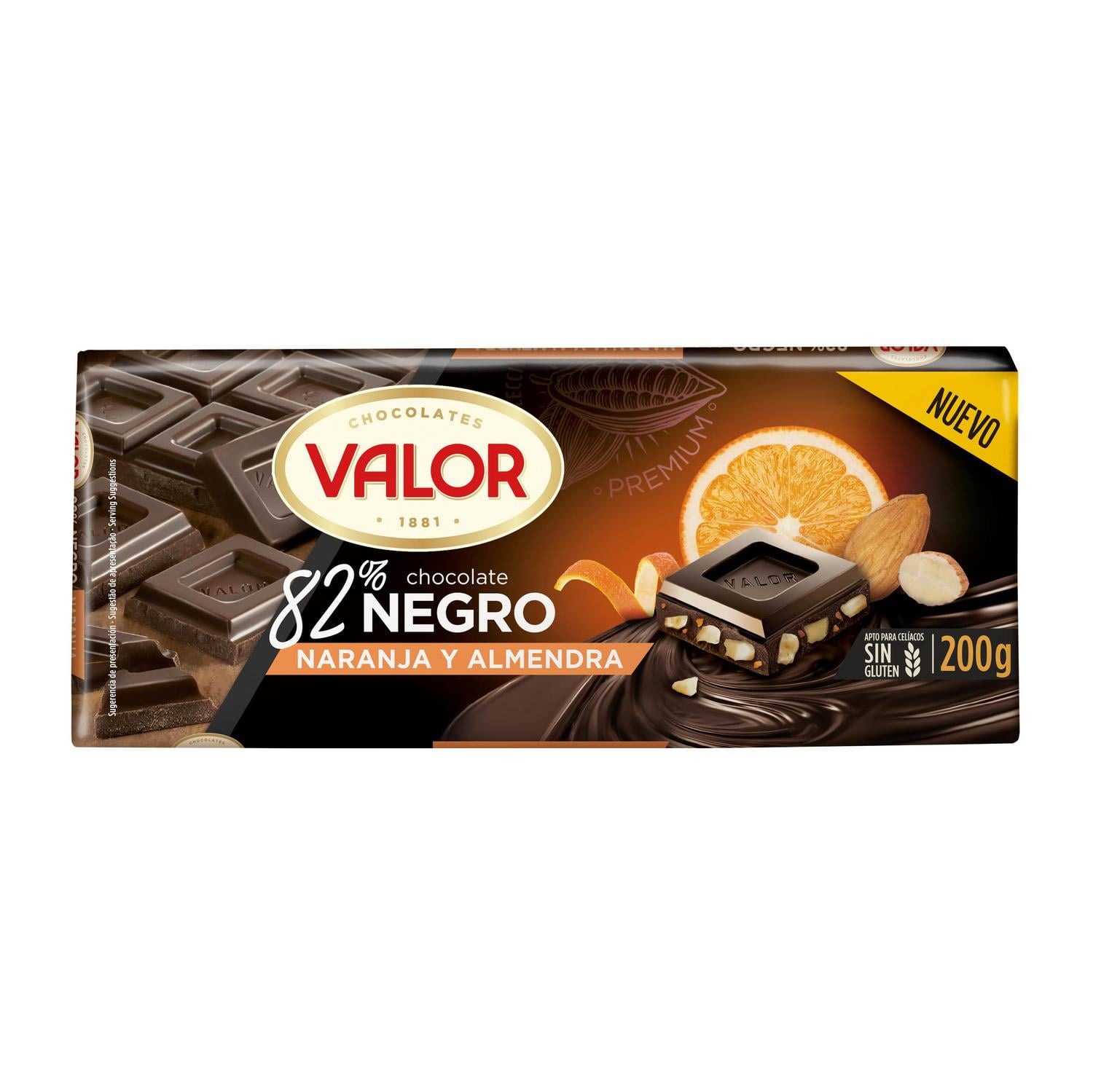 Chocolate con almendra y naranja troceada Valor sin gluten 200 g. — otra vista del envase