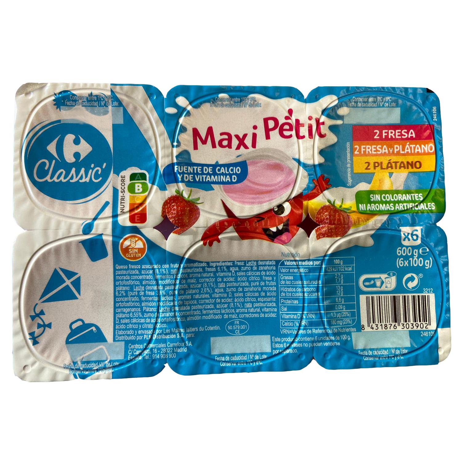 Maxi Petit de fresa, de plátano y de fresa-plátano Carrefour Classic' sin gluten pack de 6 unidades de 100 g. — otra vista del envase