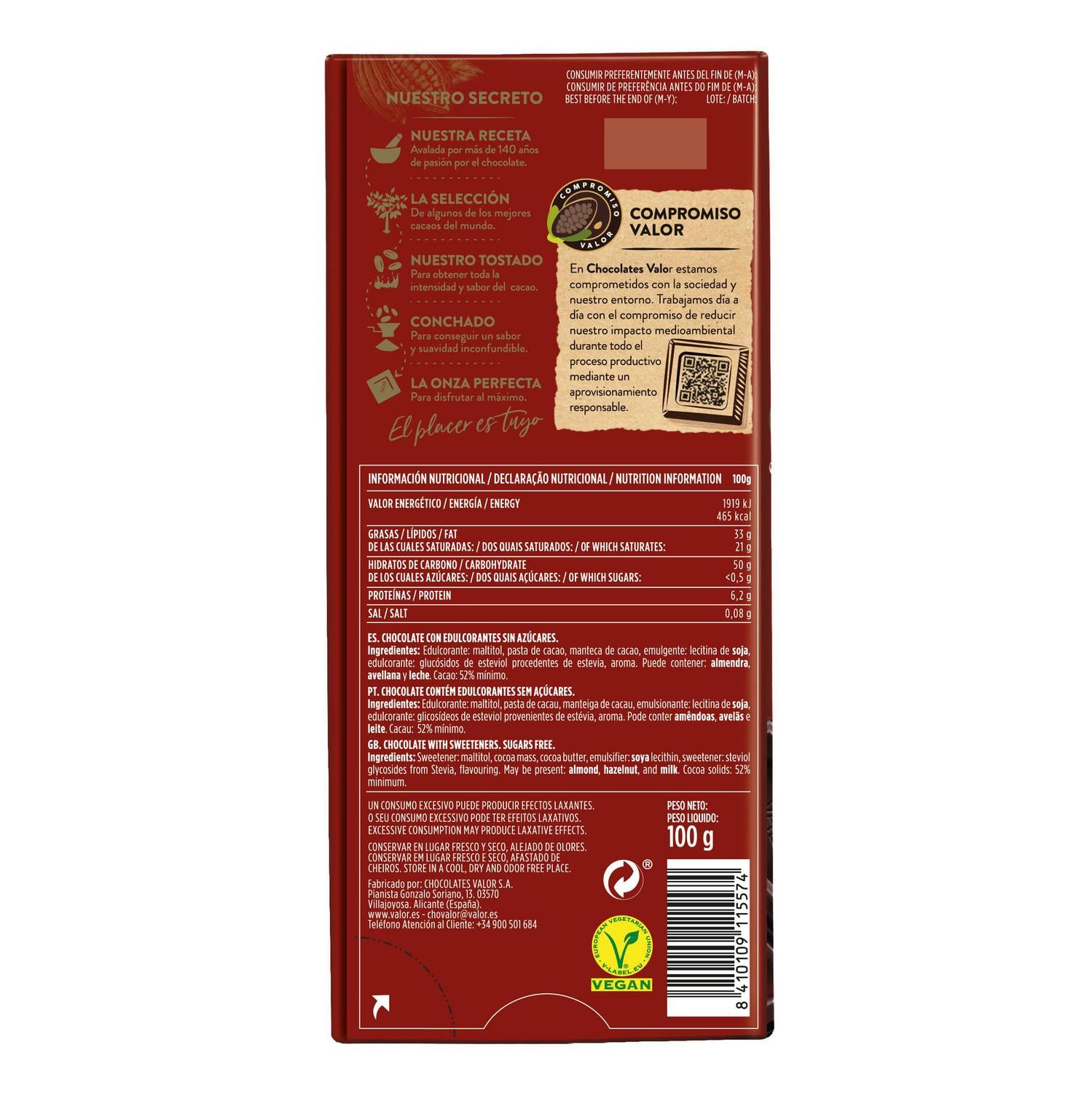 Chocolate puro sin azúcares añadidos Valor sin gluten 100 g. — otra vista del envase