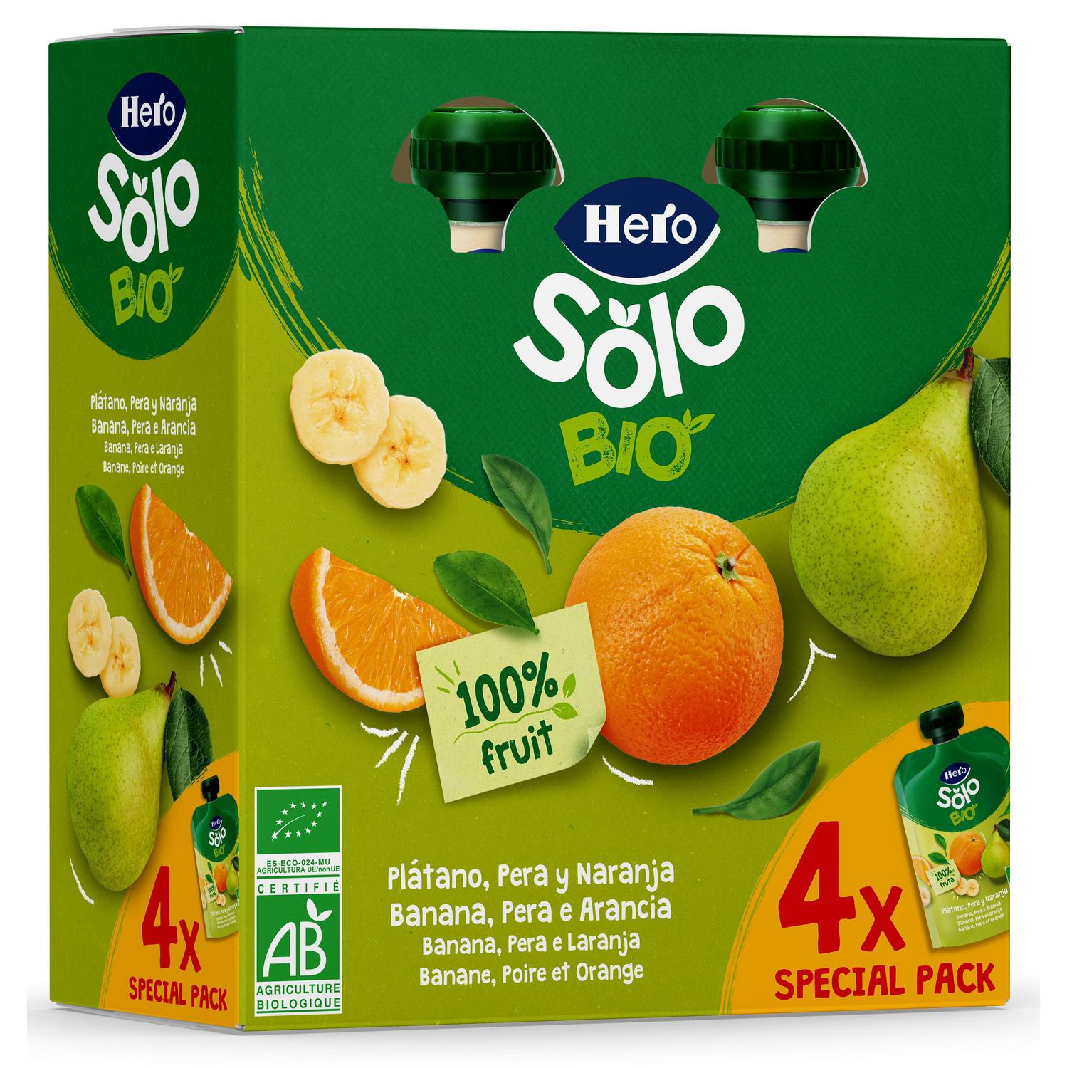 Bolsita de plátano, pera y naranja ecológica Hero Solo sin gluten pack 4 unidades de 100 g. — otra vista del envase