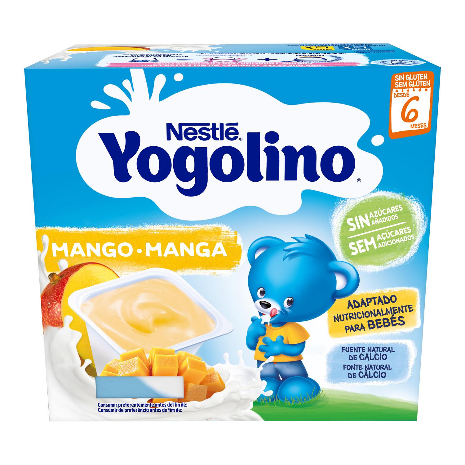Postre lácteo mango desde 6 meses Nestlé Yogolino sin gluten y sin azúcar añadido pack de 4 unidades de 100 g. — otra vista del envase