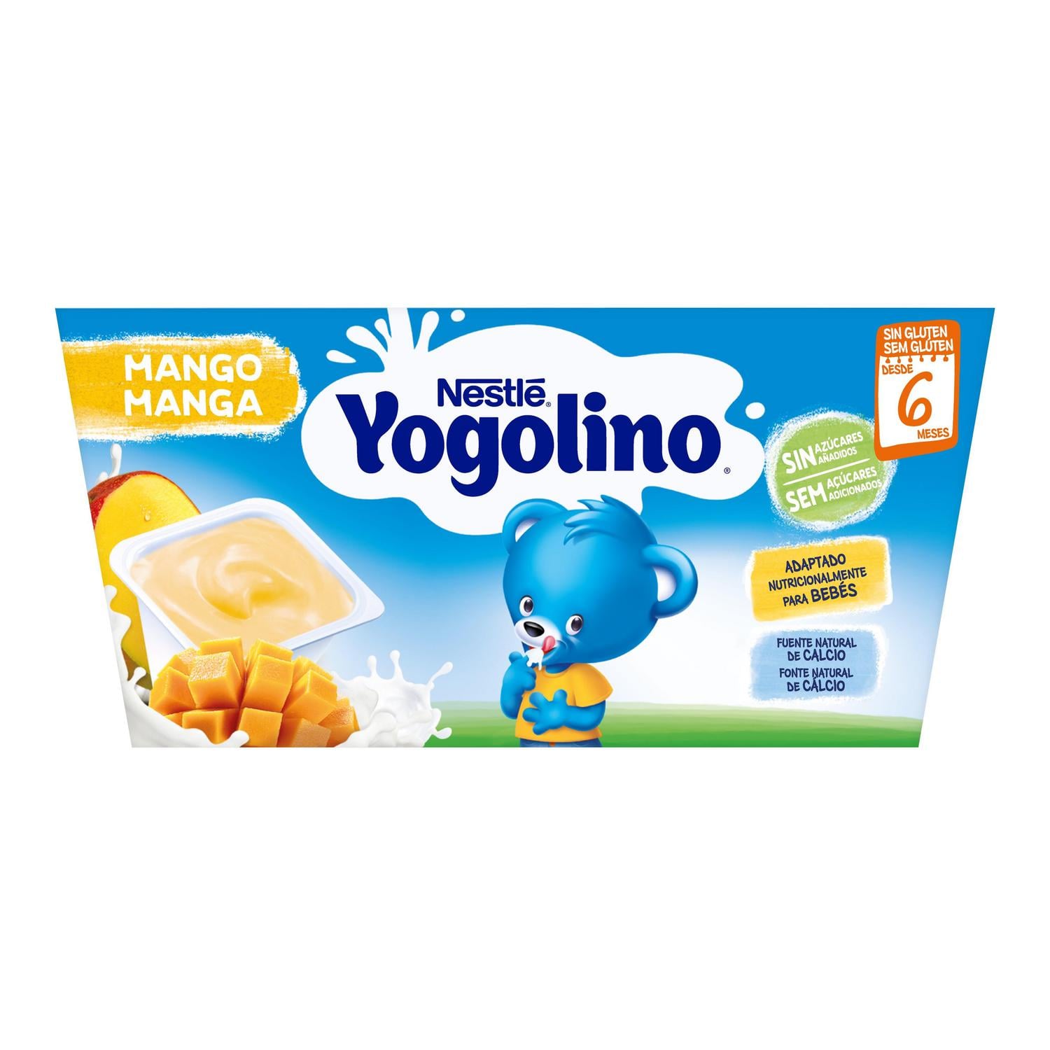 Postre lácteo mango desde 6 meses Nestlé Yogolino sin gluten y sin azúcar añadido pack de 4 unidades de 100 g. — otra vista del envase
