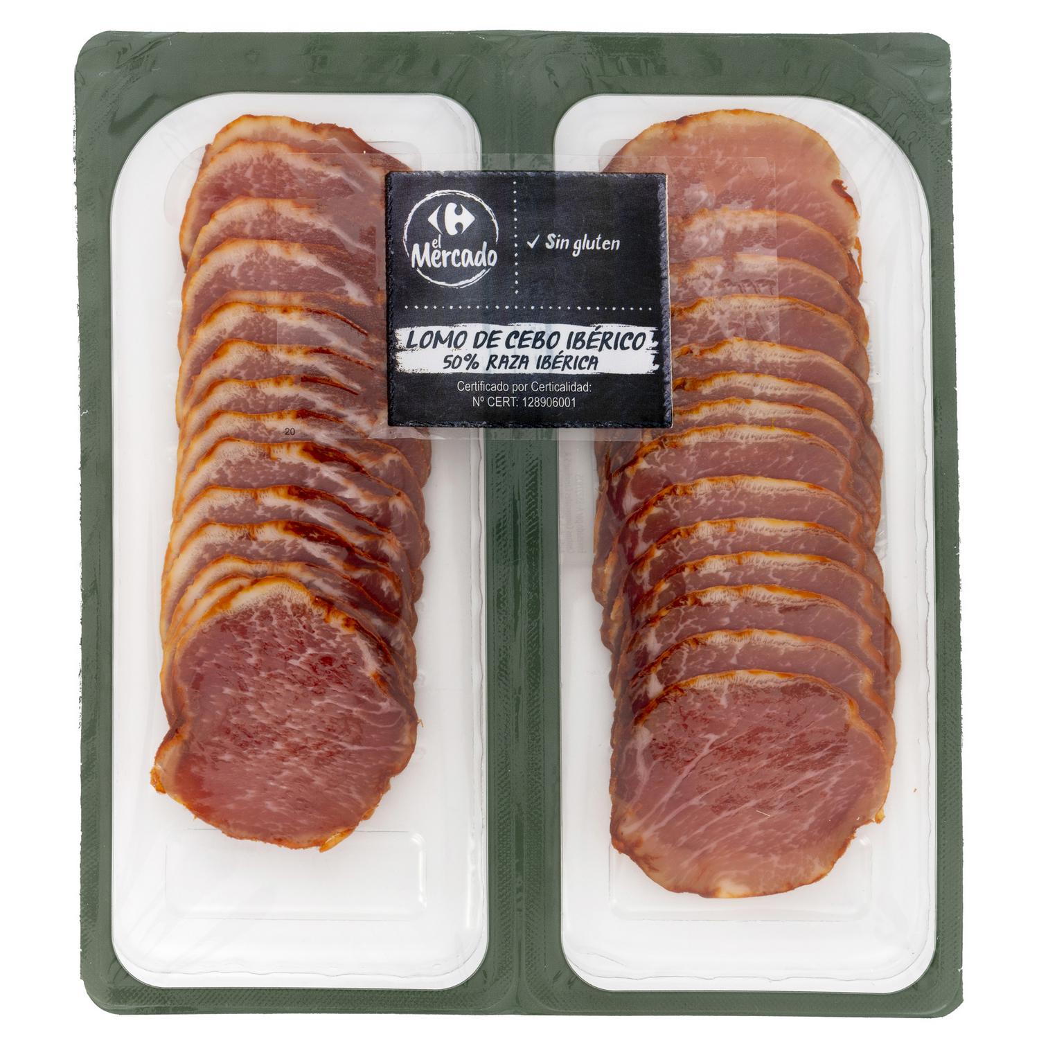 Lomo de cebo ibérico 50% raza ibérica en lonchas Carrefour El Mercado sin gluten 2x62,5 g — otra vista del envase