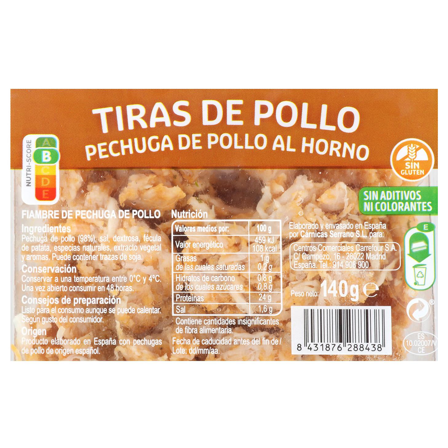 Pechuga de pollo al horno en tiras Carrefour sin gluten 140 g. — otra vista del envase