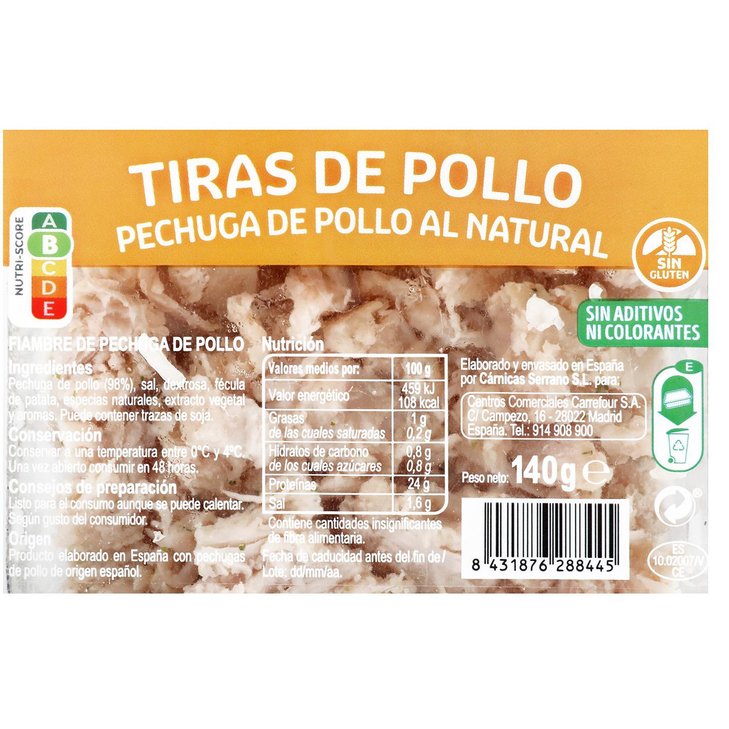 Pechuga de pollo al natural en tiras Carrefour sin gluten 140 g. — otra vista del envase