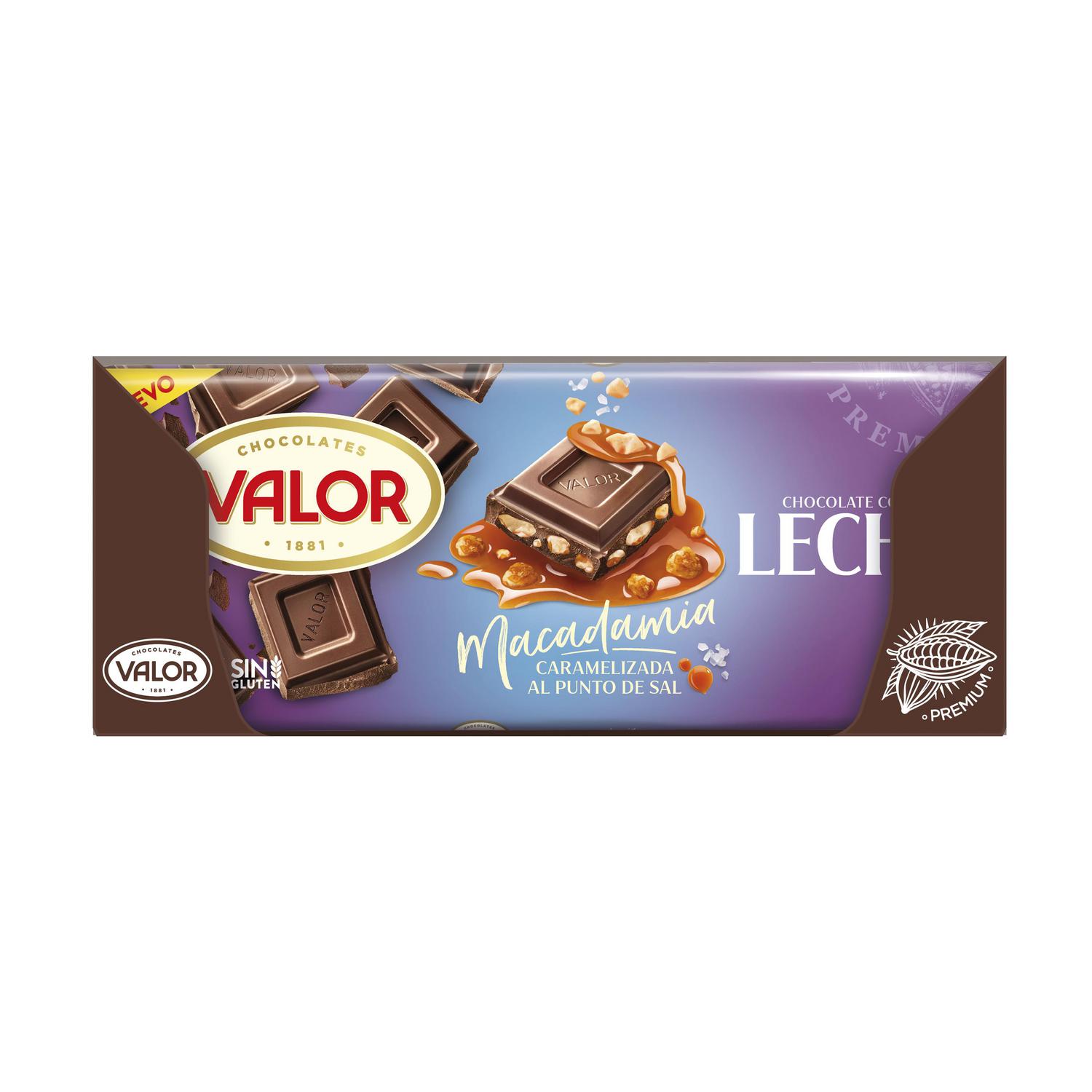 Chocolate con leche relleno de macadamia caramelizada con sal Valor sin gluten 200 g. — otra vista del envase