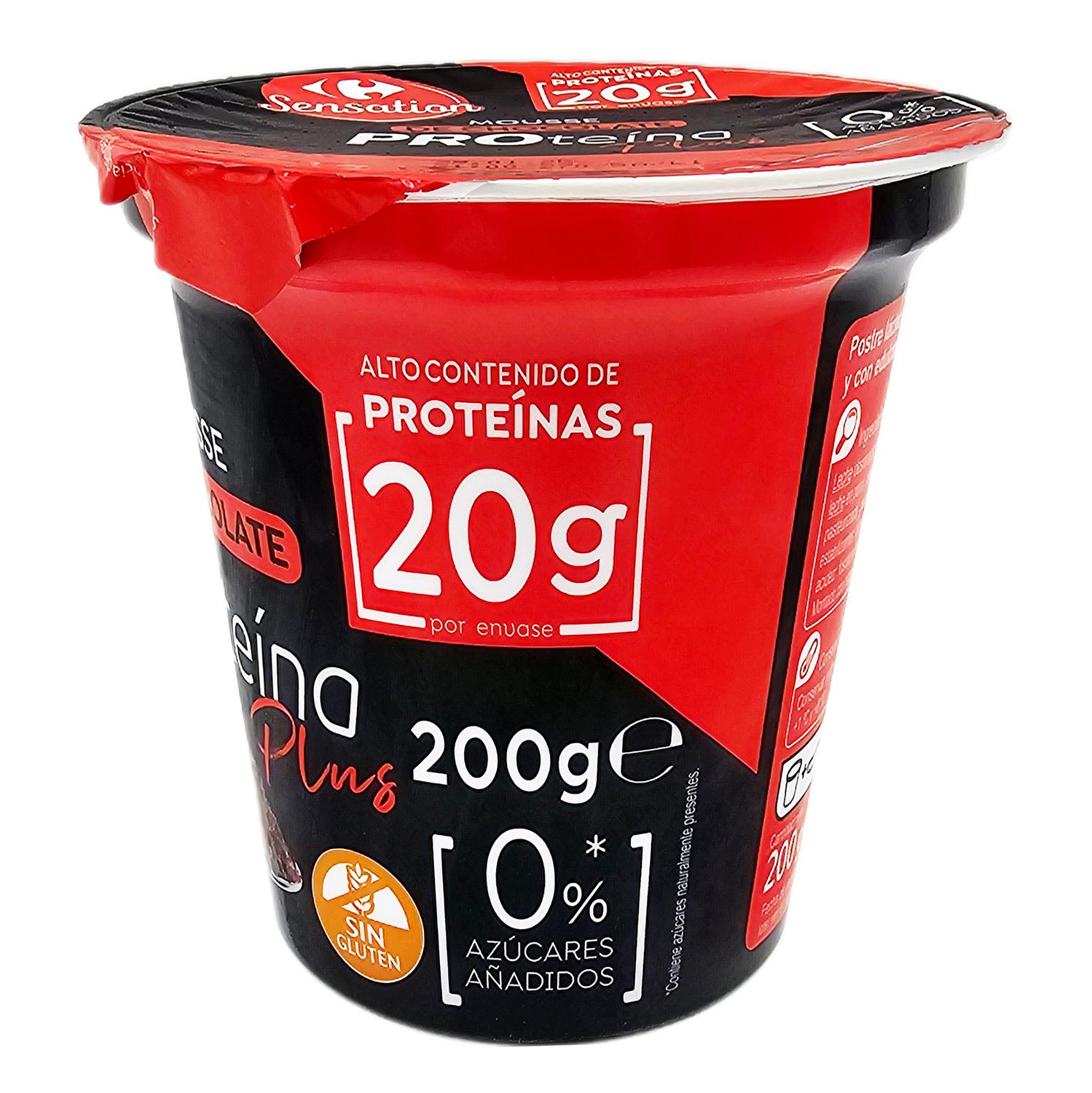 Mousse proteico sabor chocolate Carrefour Sensation sin gluten 200 g. — otra vista del envase
