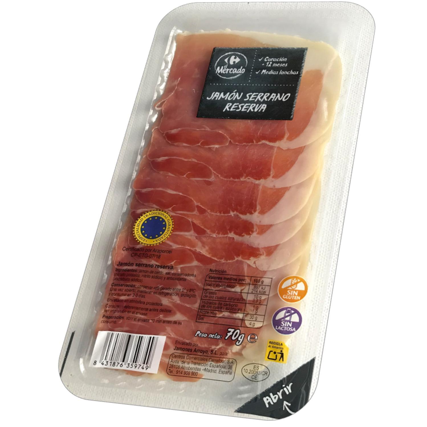 Jamón serrano reserva en lonchas Carrefour El Mercado sin gluten y sin lactosa 70 g — otra vista del envase