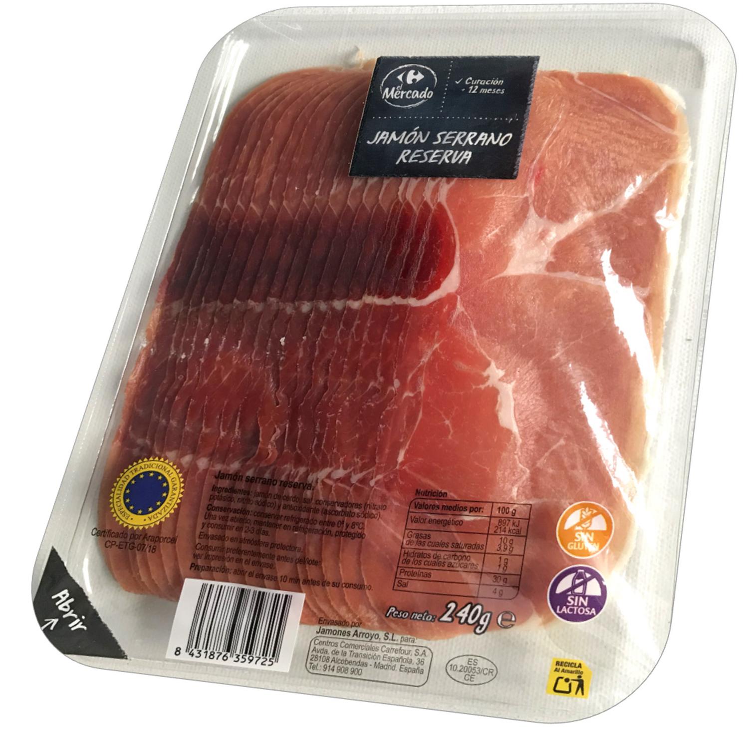 Jamón serrano reserva en lonchas Carrefour El Mercado sin gluten y sin lactosa 240 g — otra vista del envase