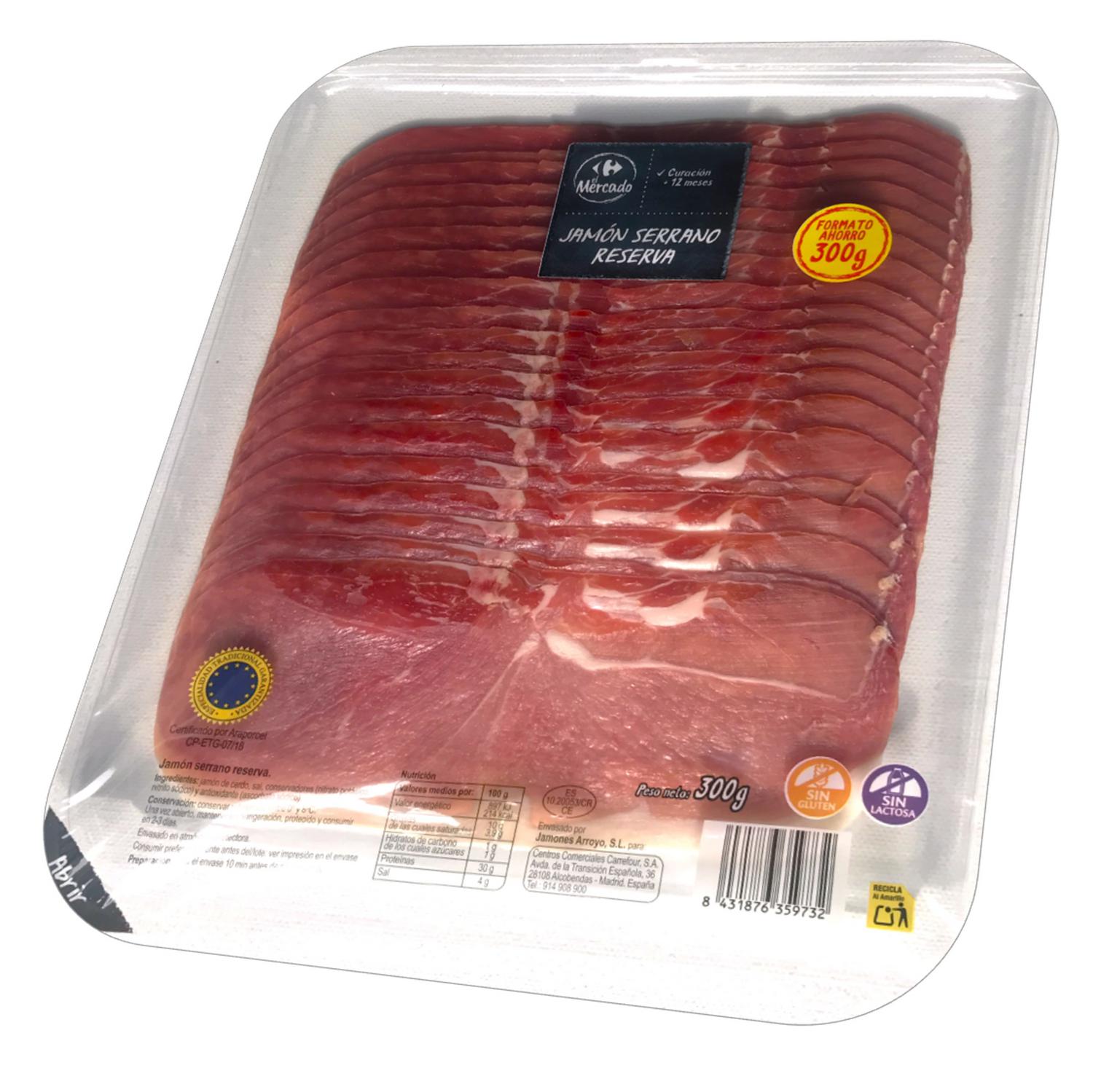 Jamón serrano reserva en lonchas Carrefour El Mercado sin gluten y sin lactosa 300 g — otra vista del envase