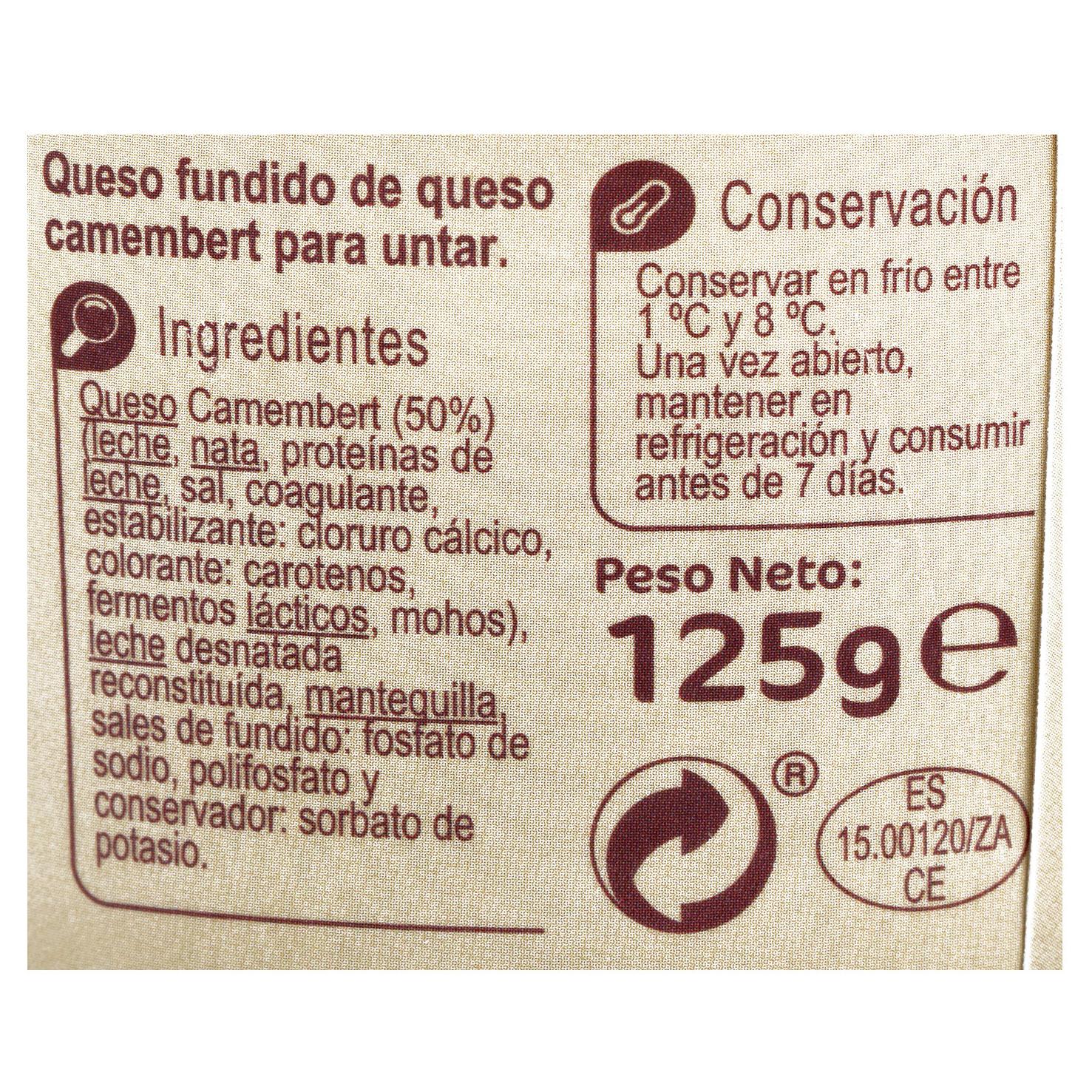 Crema de queso camembert Carrefour Extra sin gluten 125 g. — otra vista del envase