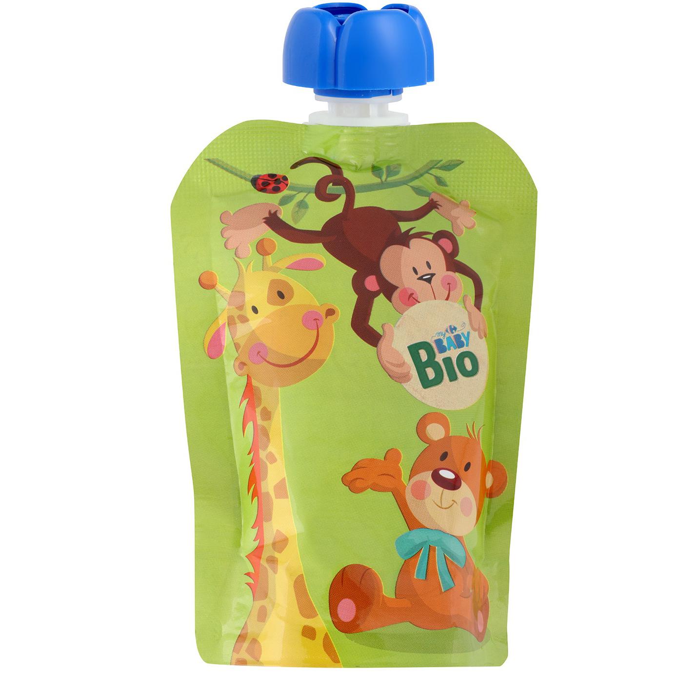 Bolsita de manzana y plátano desde 6 meses ecológico My Carrefour Baby Bio sin gluten y sin azúcar añadido pack de 4 de unidades de 100 g. — otra vista del envase