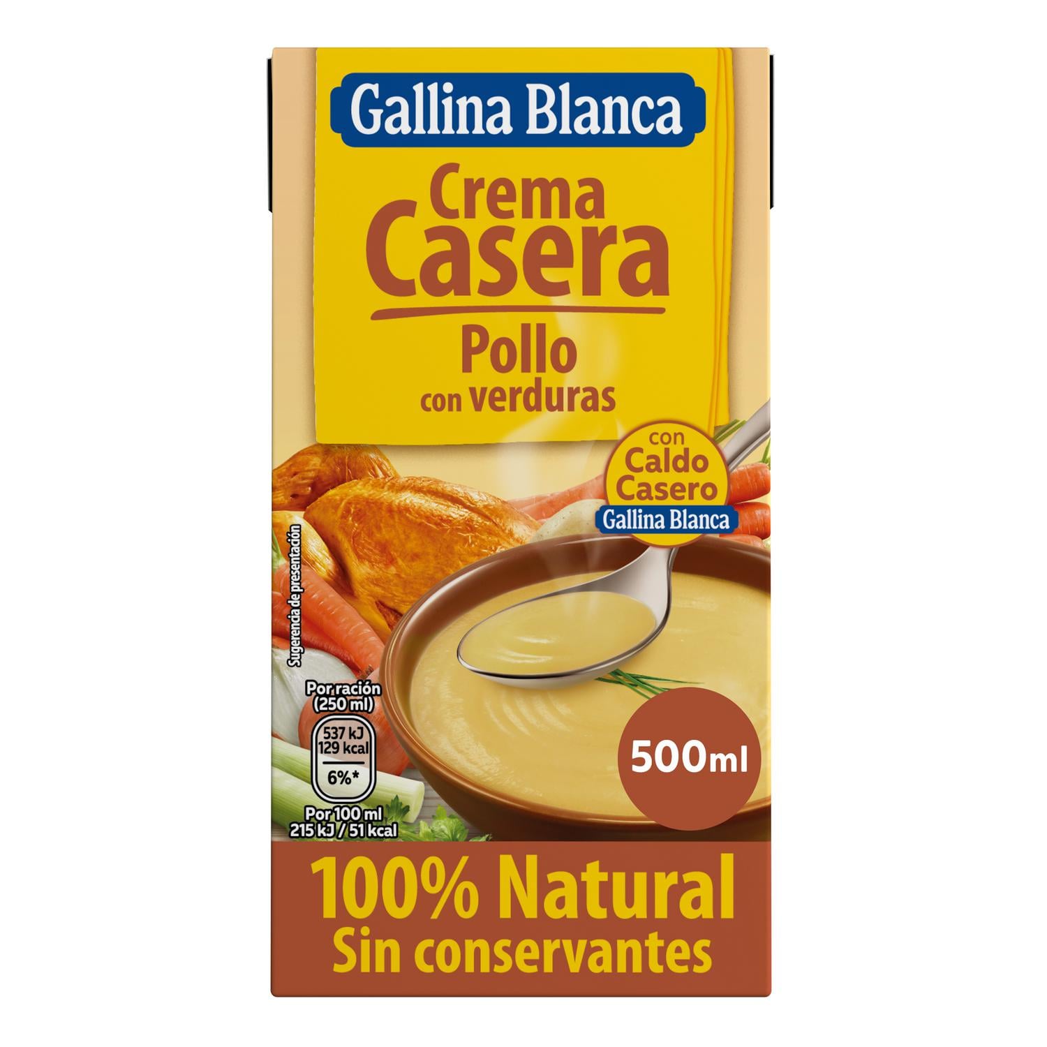 Crema casera de pollo con verduras Gallina Blanca sin gluten 500 ml. — otra vista del envase