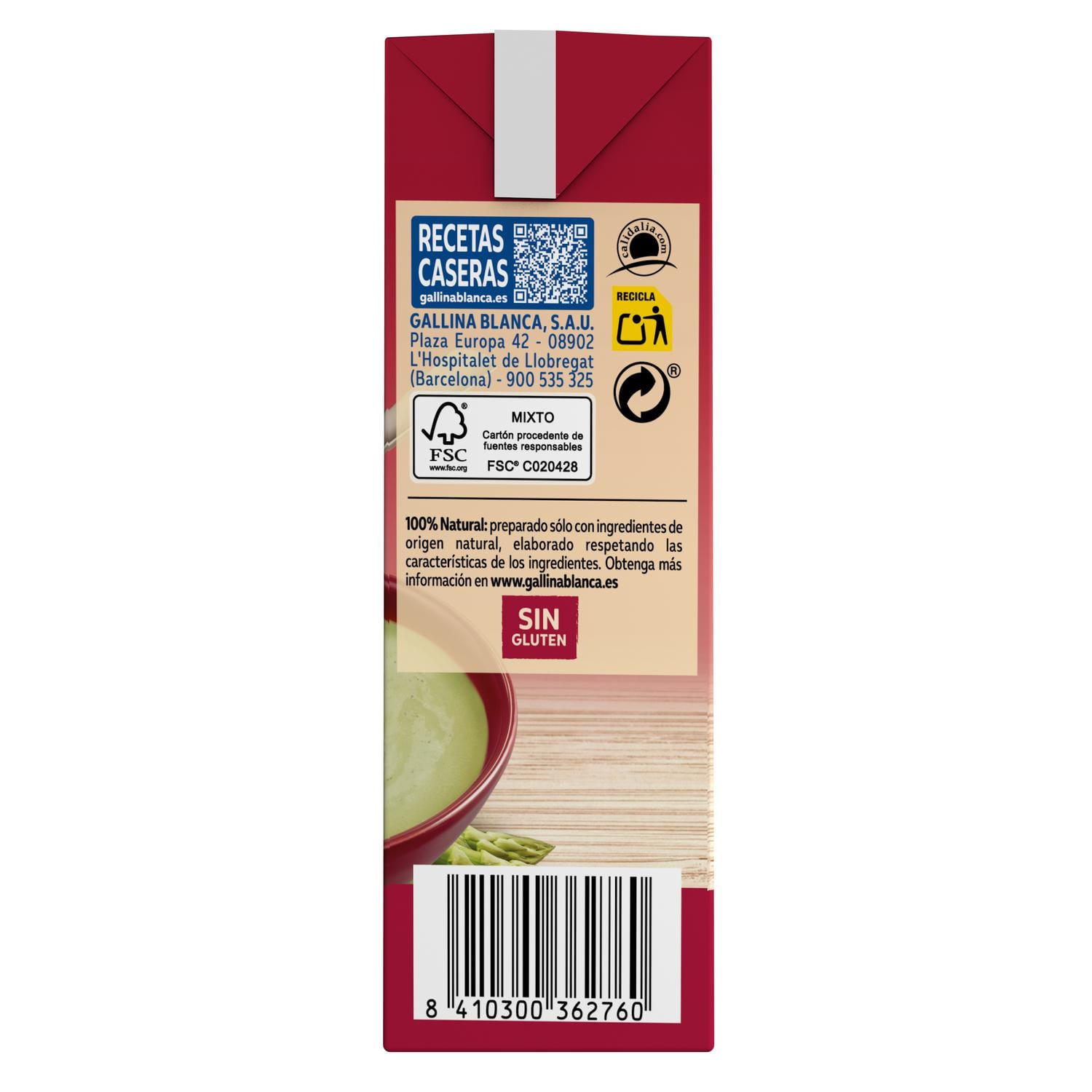 Crema casera de espárragos con jamón 100% natural Gallina Blanca sin gluten 500 ml. — otra vista del envase