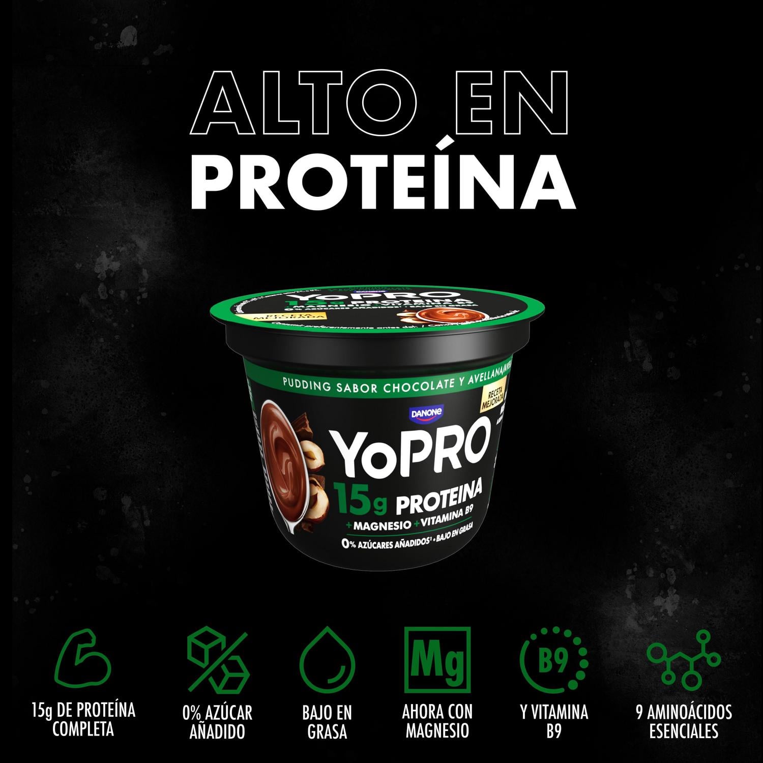 Postre lácteo pudding sabor a chocolate y avellana Danone YoPro sin gluten 150 g. — otra vista del envase