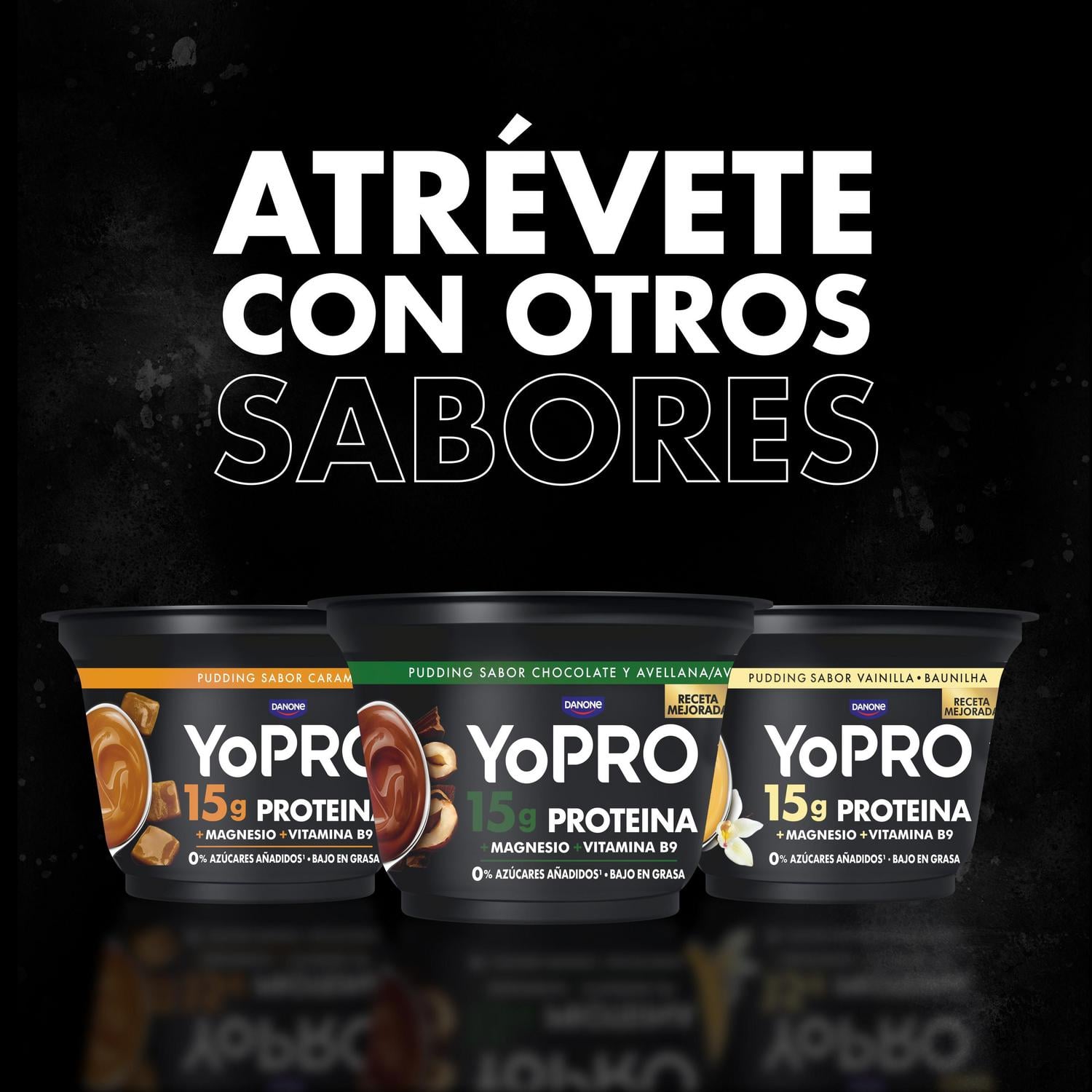 Postre lácteo pudding sabor a chocolate y avellana Danone YoPro sin gluten 150 g. — otra vista del envase
