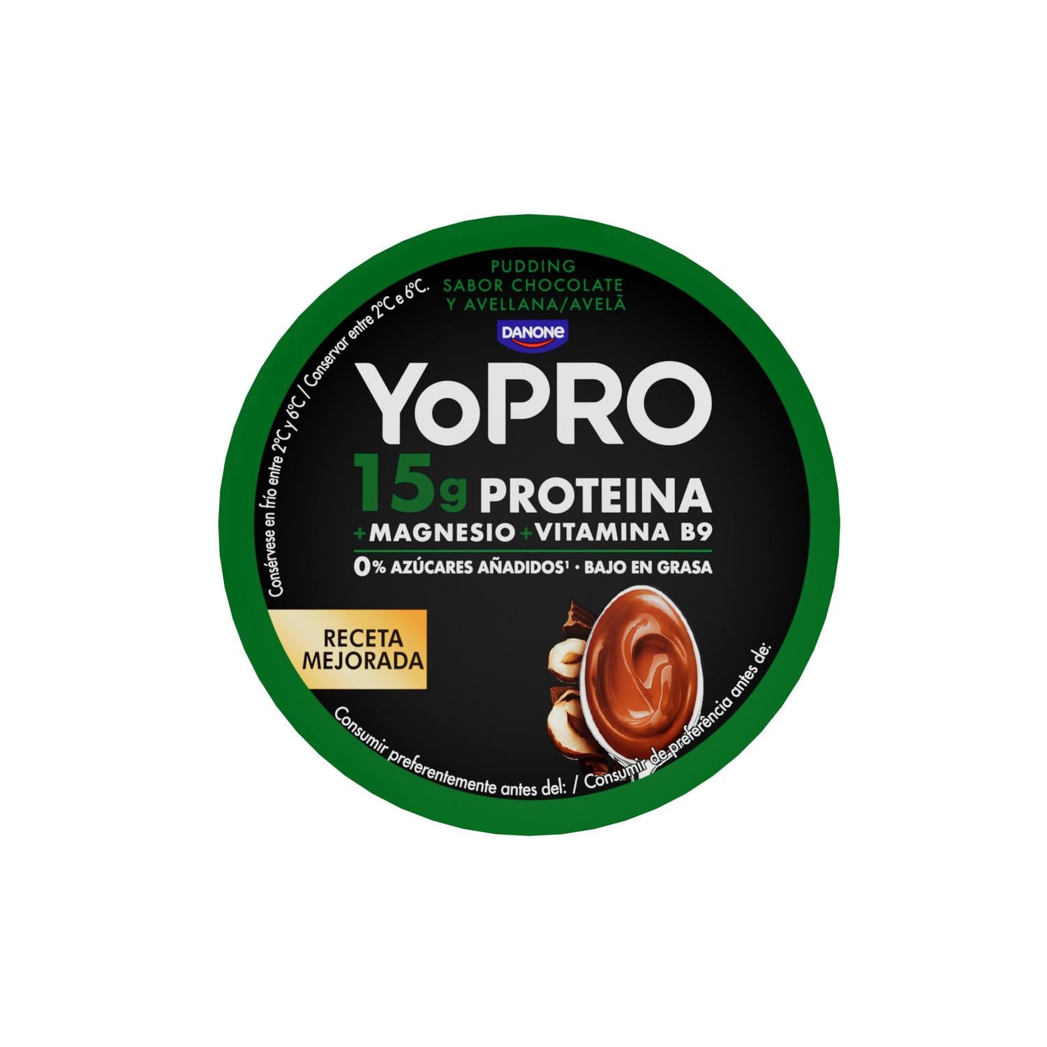 Postre lácteo pudding sabor a chocolate y avellana Danone YoPro sin gluten 150 g. — otra vista del envase