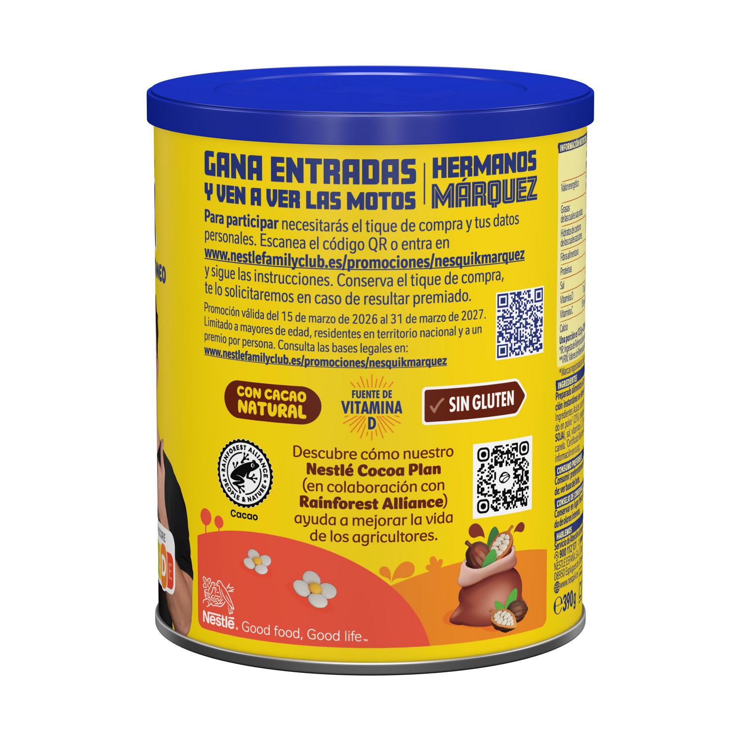 Cacao soluble instantáneo Nestlé Nesquik sin gluten 390 g. — otra vista del envase