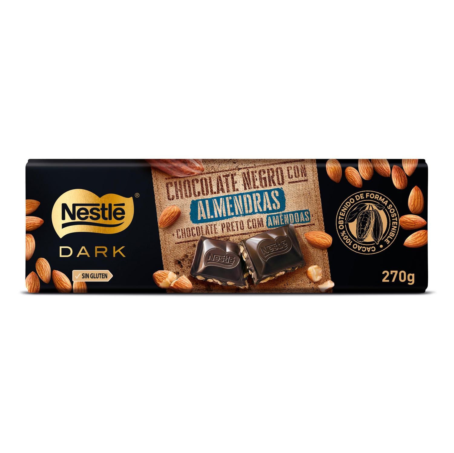 Chocolate negro con almendras Nestlé sin gluten 270 g. — otra vista del envase