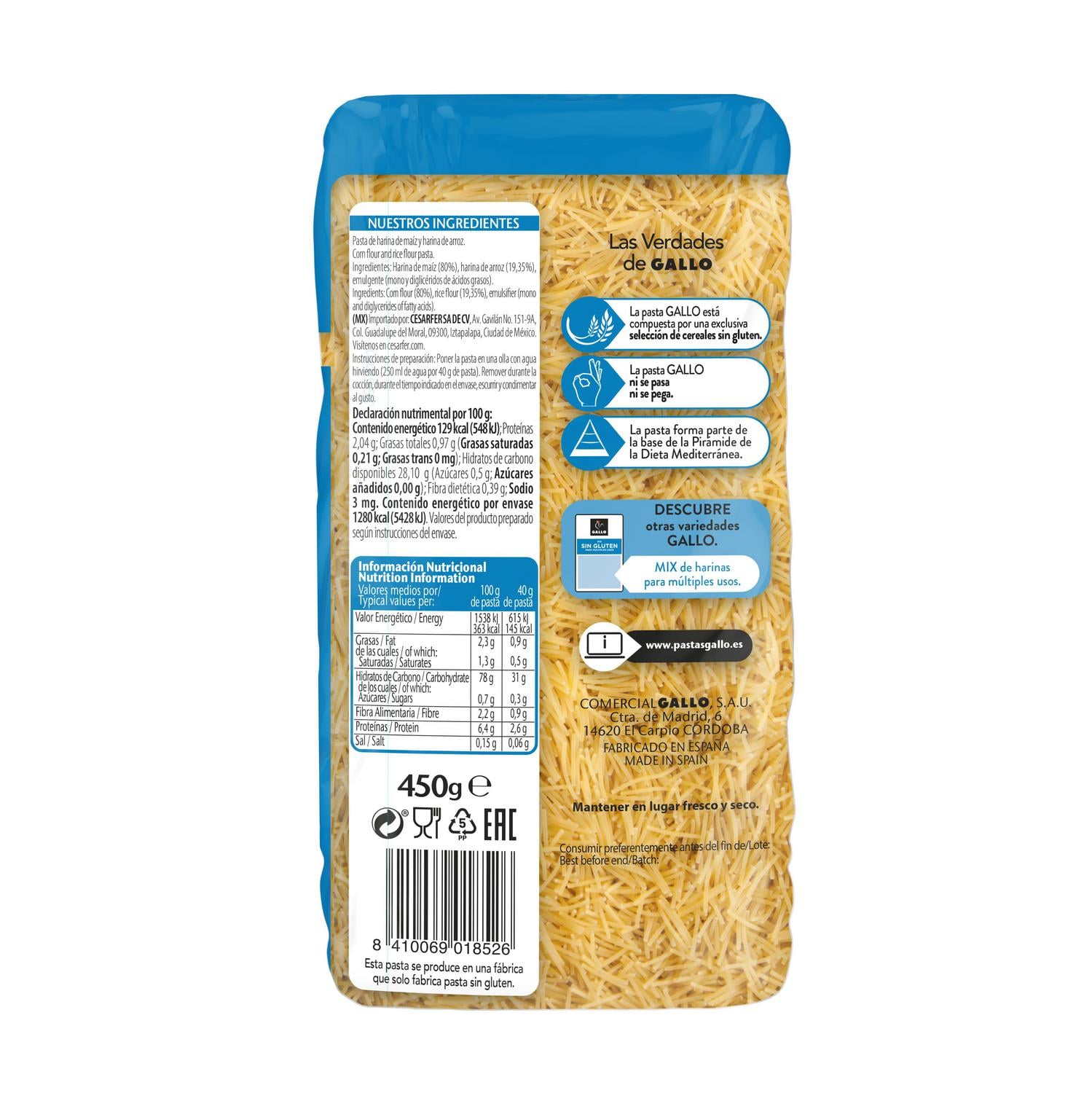 Pasta fideo Gallo sin gluten y sin lactosa 450 g. — otra vista del envase