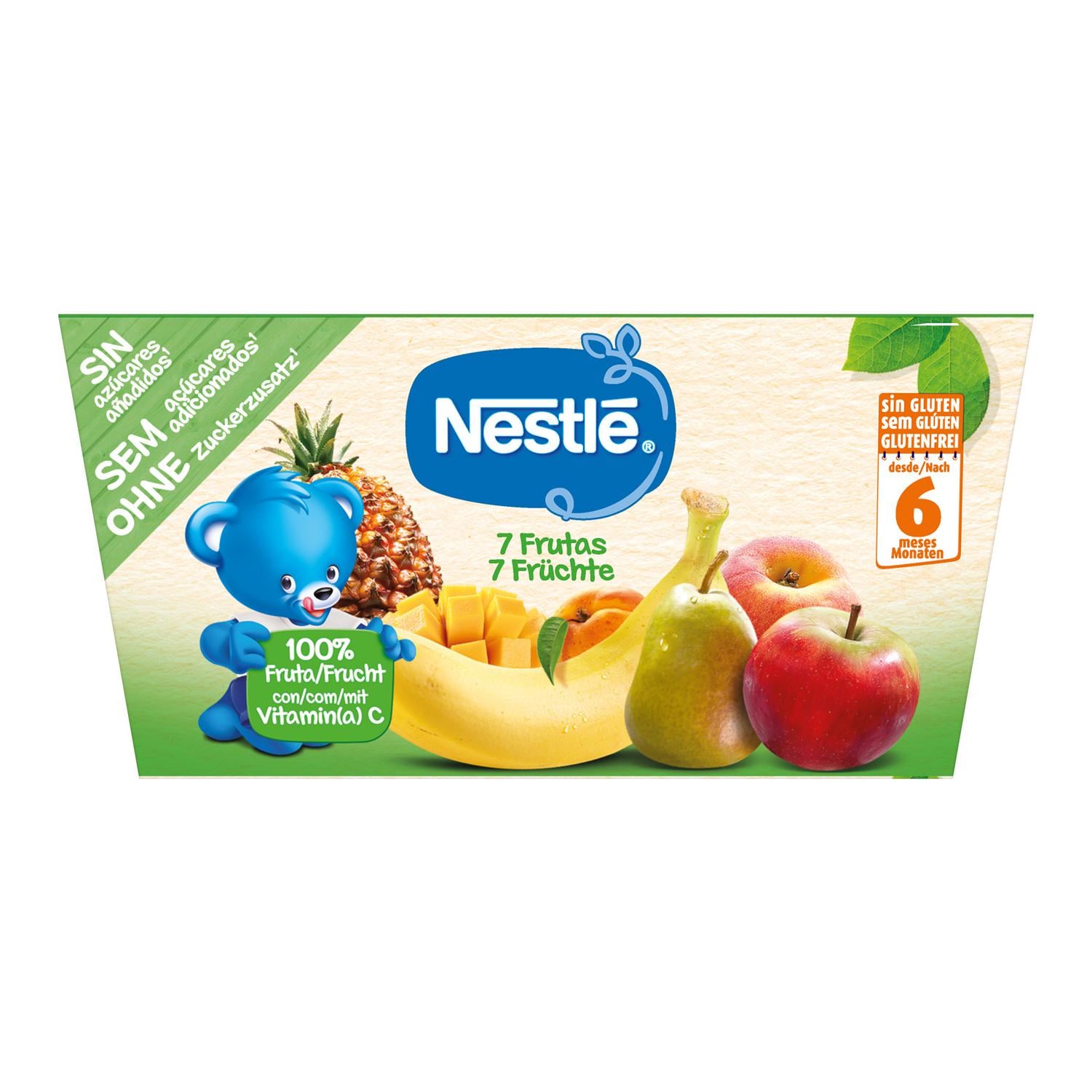 Preparado 7 frutas desde 6 meses Nestlé sin gluten, sin lactosa y sin azúcar añadido pack de 4 unidades de 100 g. — otra vista del envase
