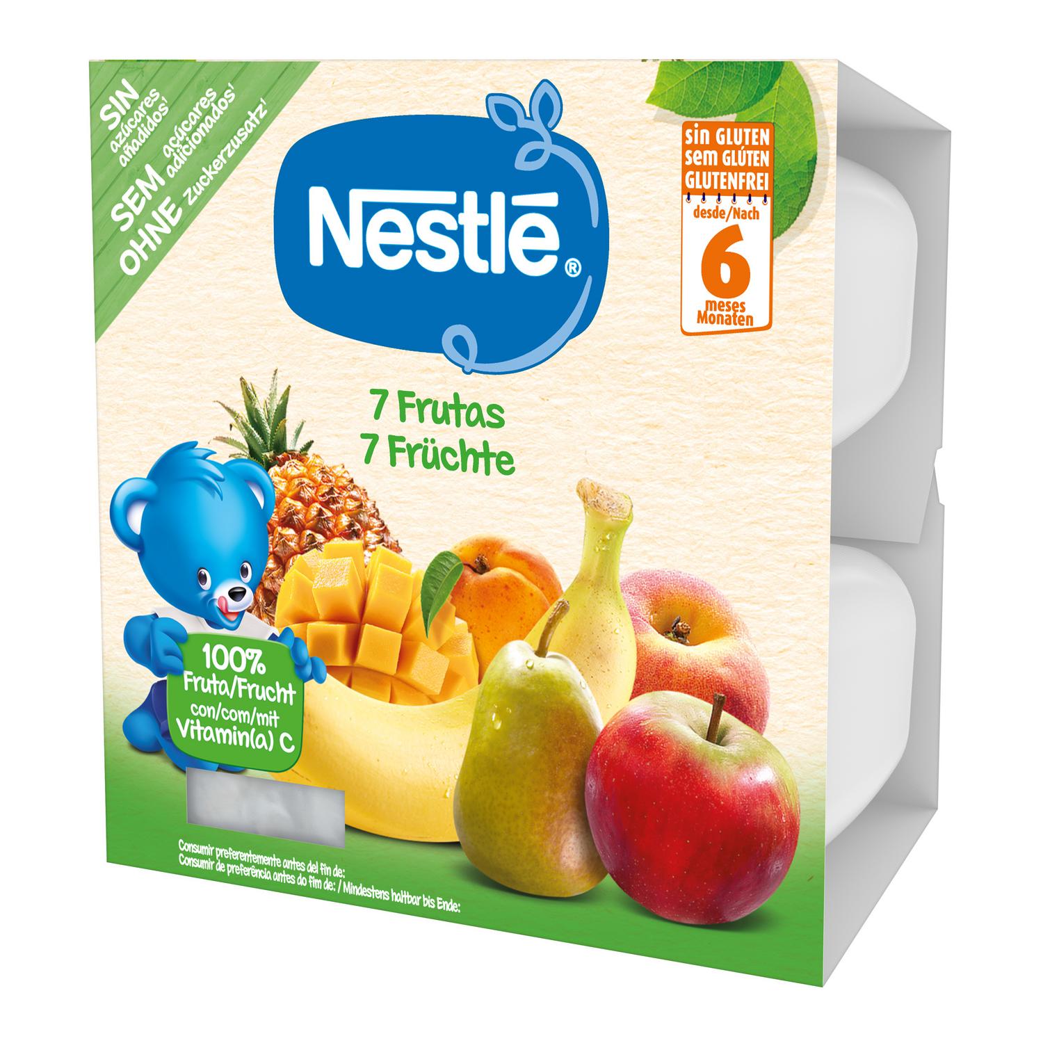 Preparado 7 frutas desde 6 meses Nestlé sin gluten, sin lactosa y sin azúcar añadido pack de 4 unidades de 100 g. — otra vista del envase