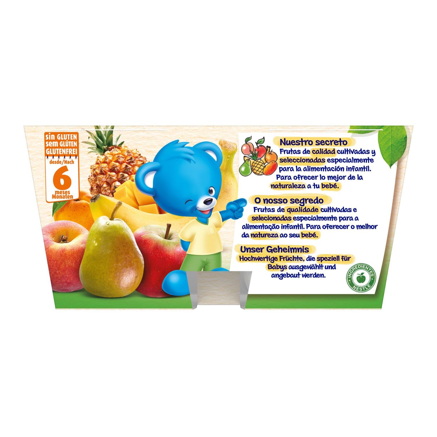 Preparado 7 frutas desde 6 meses Nestlé sin gluten, sin lactosa y sin azúcar añadido pack de 4 unidades de 100 g. — otra vista del envase