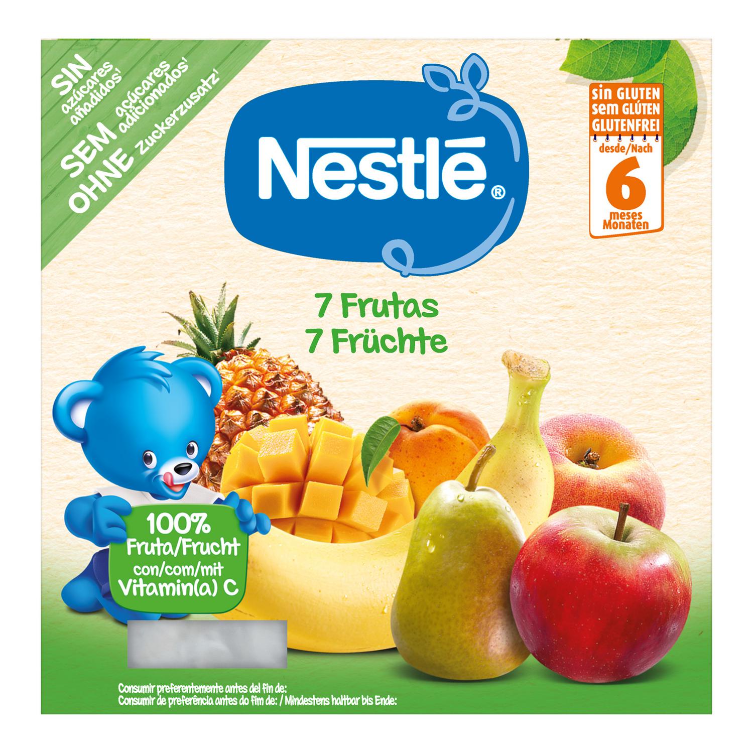 Preparado 7 frutas desde 6 meses Nestlé sin gluten, sin lactosa y sin azúcar añadido pack de 4 unidades de 100 g. — otra vista del envase