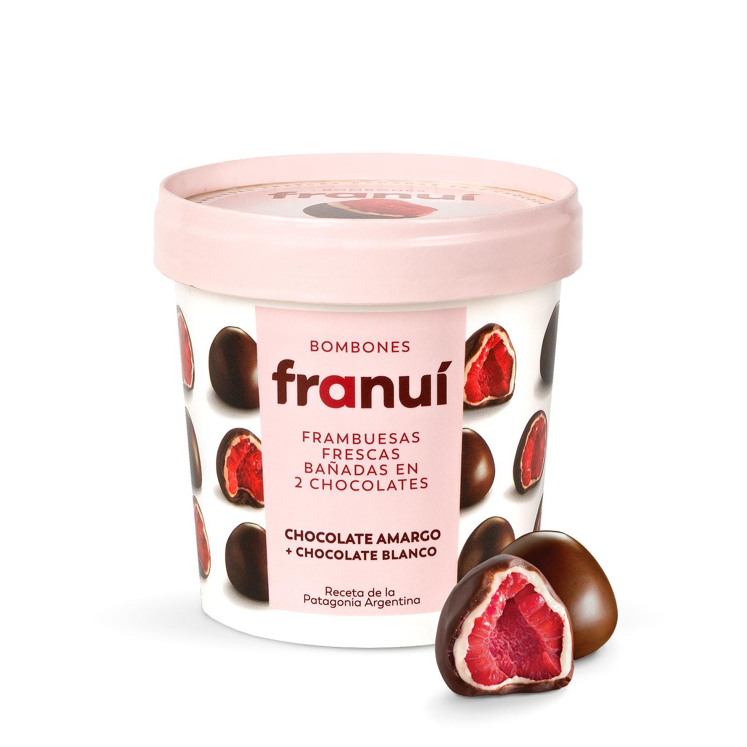 Bombones helados de frambuesa bañada en chocolate blanco y negro Franui sin gluten 150 g. — otra vista del envase