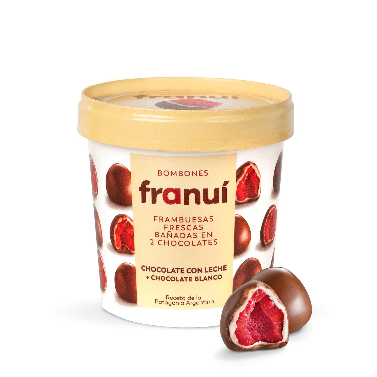 Bombones helados de frambuesa bañada en chocolate blanco y con leche Franui sin gluten 150 g. — otra vista del envase