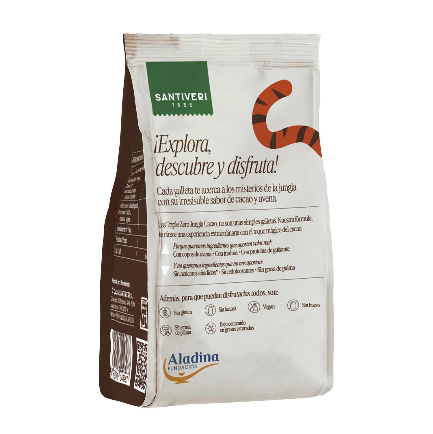 Galletas al cacao Jungla Triple Zero Santiveri sin gluten, sin lactosa y sin azúcar añadido 120 g. — otra vista del envase