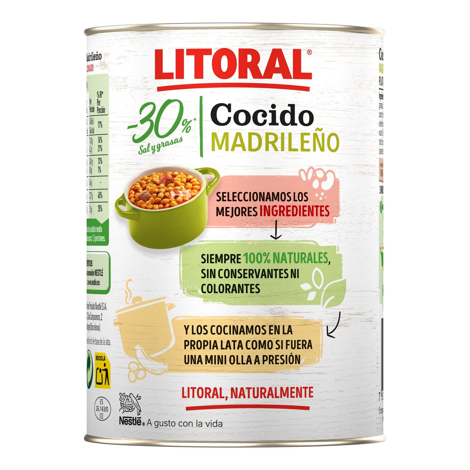 Cocido madrileño -30% sal y grasas Litoral sin gluten 425 g. — otra vista del envase