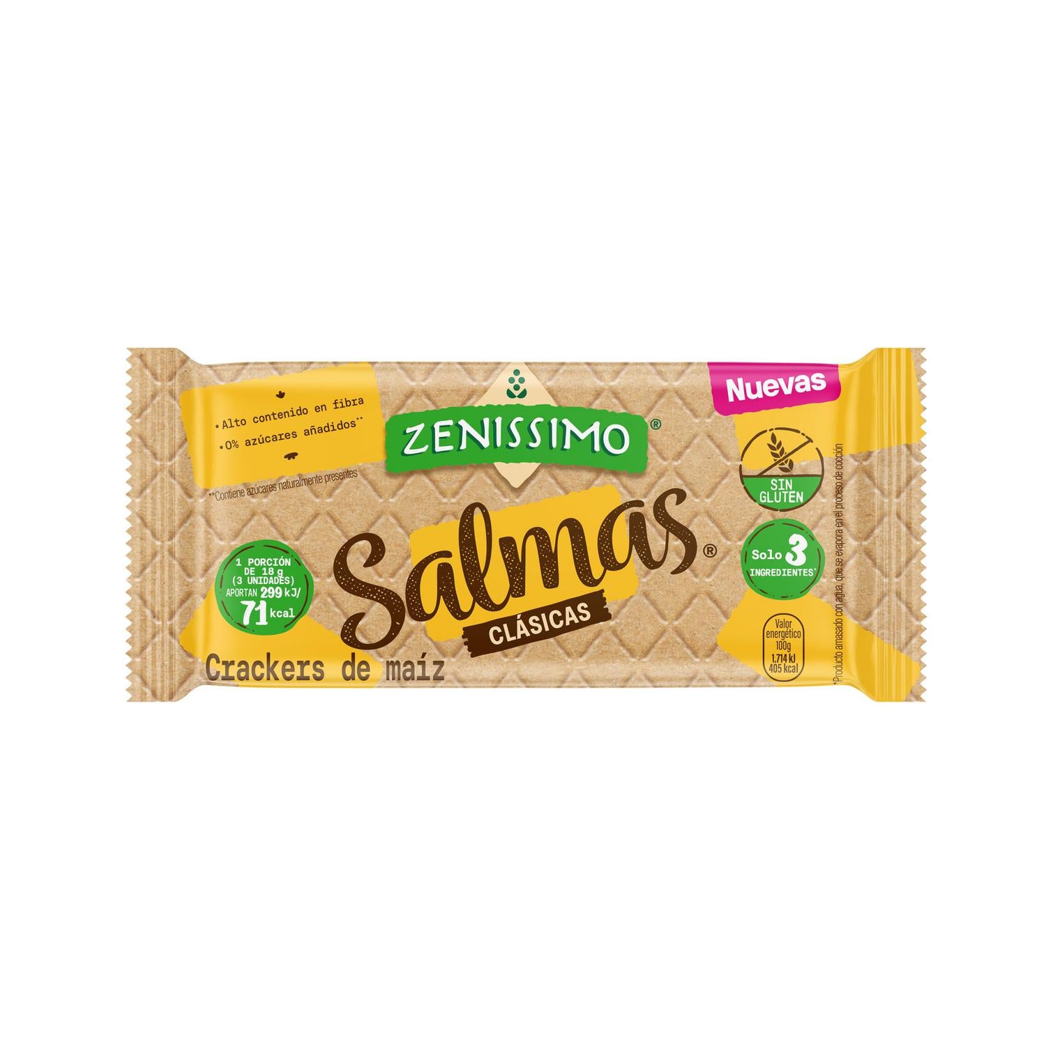 Crackers de maíz Salmas clásicas Zenissimo sin gluten y sin azúcar añadido 144 g. — otra vista del envase