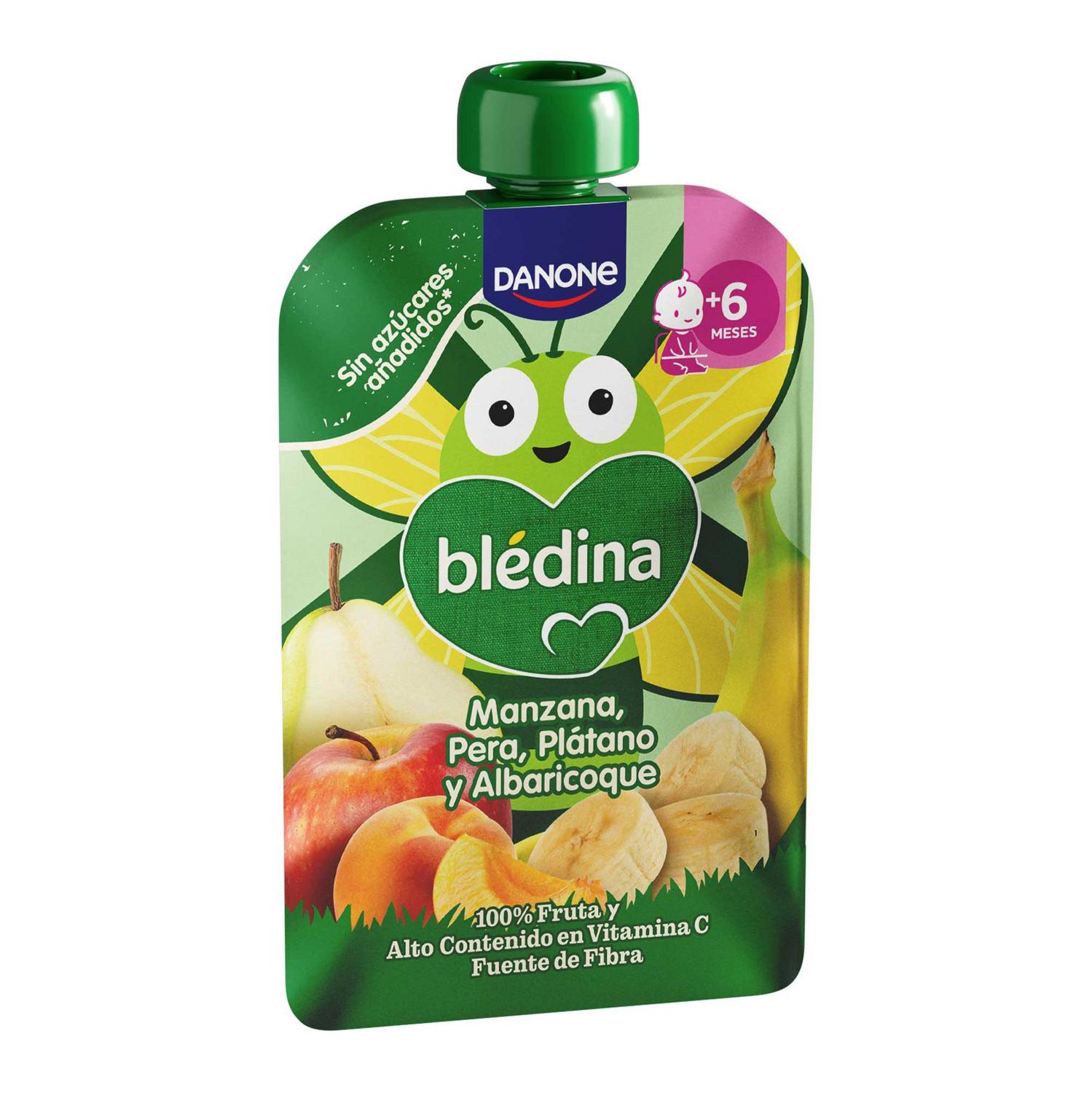 Bosita de manzana, pera, plátano y albaricoque desde 6 meses Danone Blédina sin gluten y sin azúcar añadido 100 g. — otra vista del envase