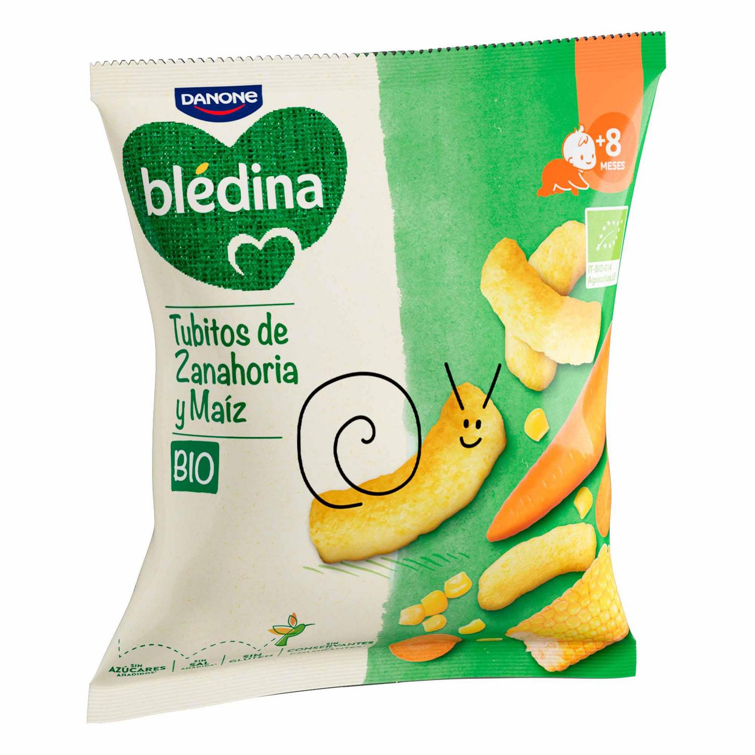 Snack infantil tubitos de zanahoria y maíz desde 8 meses ecológico Danone Blédina sin gluten y sin azúcar añadido 20 g. — otra vista del envase