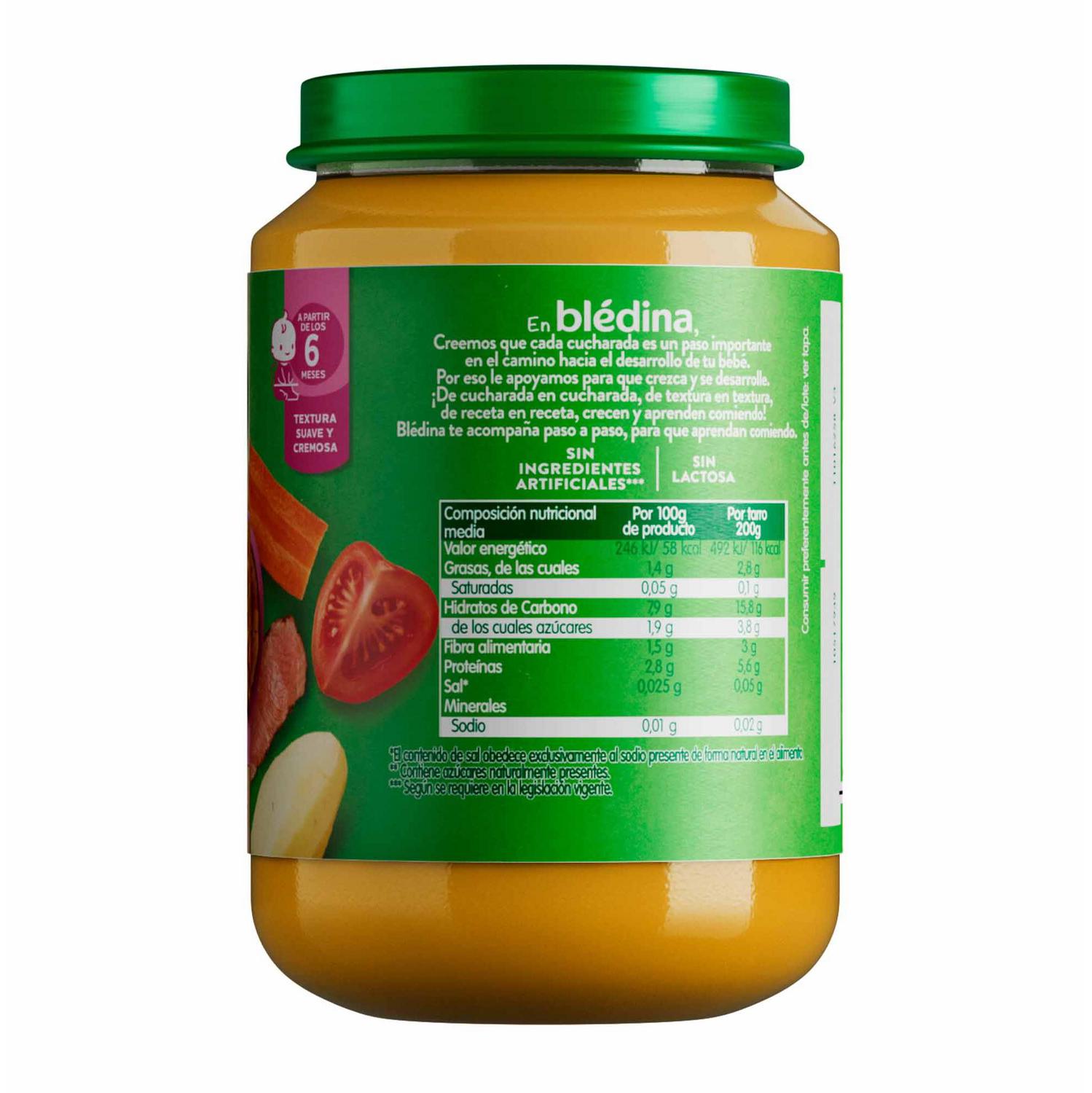 Tarrito de verduras y ternera desde 6 meses Danone Blédina sin gluten, sin lactosa y sin azúcar añadido 200 g. — otra vista del envase