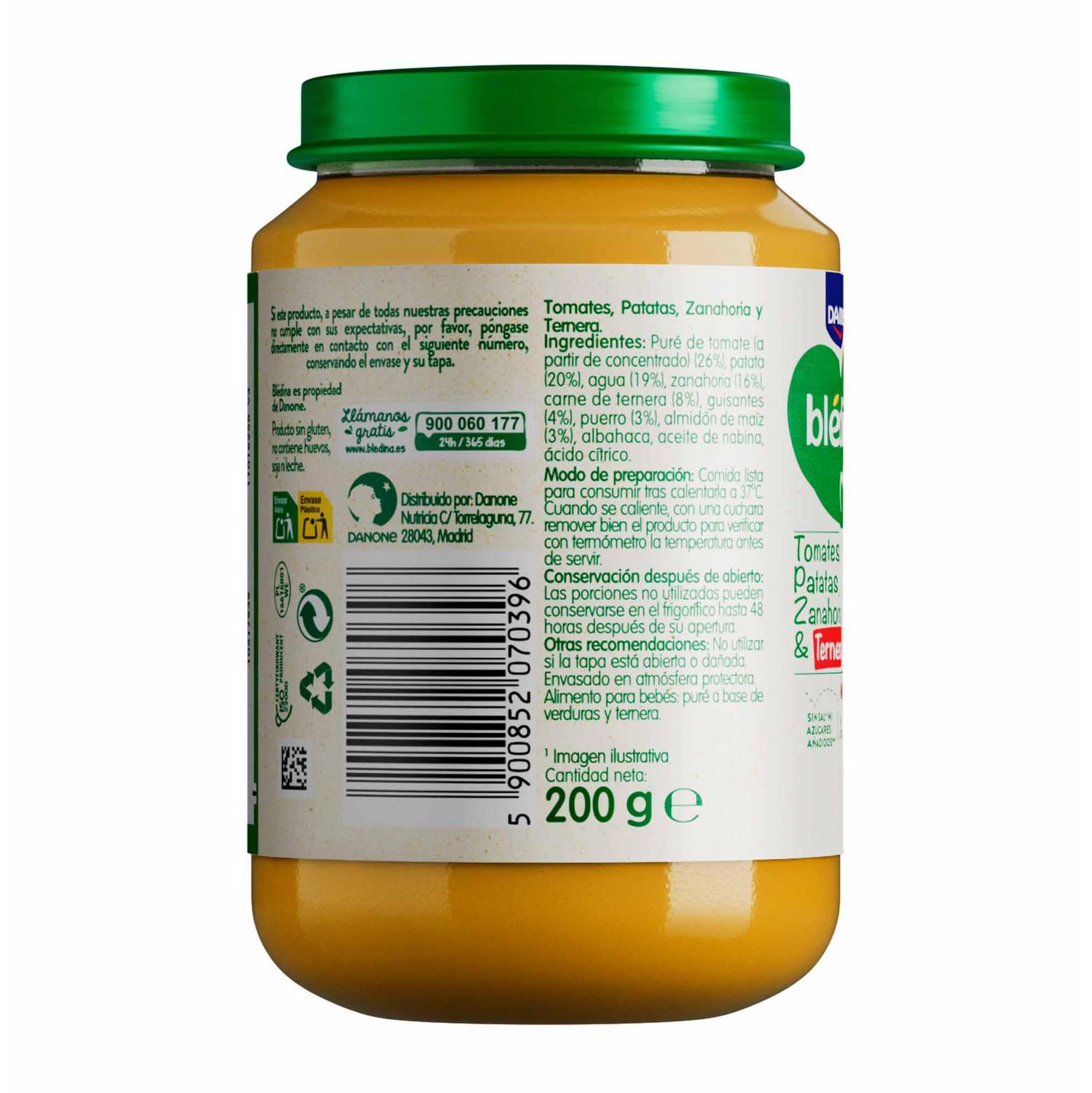 Tarrito de verduras y ternera desde 6 meses Danone Blédina sin gluten, sin lactosa y sin azúcar añadido 200 g. — otra vista del envase