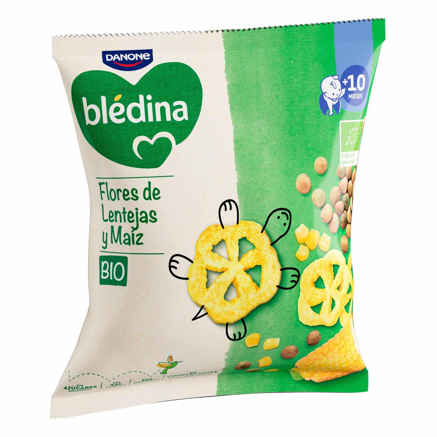 Snack infantil flores de lenteja y maíz desde 10 meses ecológico Danone Blédina sin gluten 20 g. — otra vista del envase